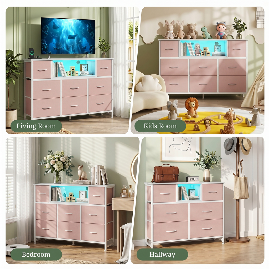 LIFERECORD Dresser TV Stand for 45-55 Inch, Chest of Drawers with LED Lights & USB Ports, Entertainment Center with Charging Station, Wood Top Media Console for Bedroom
