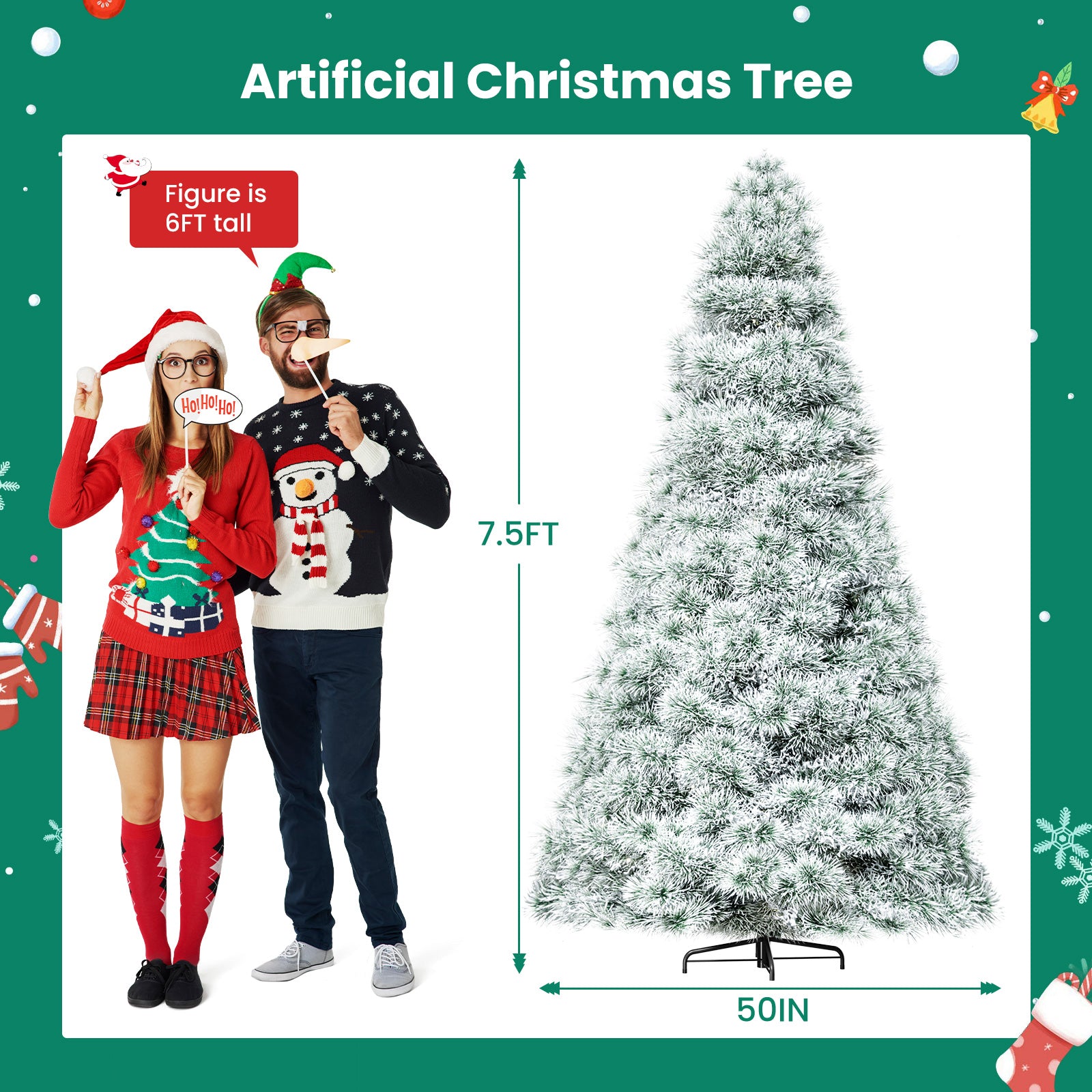 ACCVER 7.5ft Pre-lit Artificial Spruce Christmas Tree - 347 Dense PVC Branch Tips, 120 Warm Incandescent Lights with 8 Modes, White