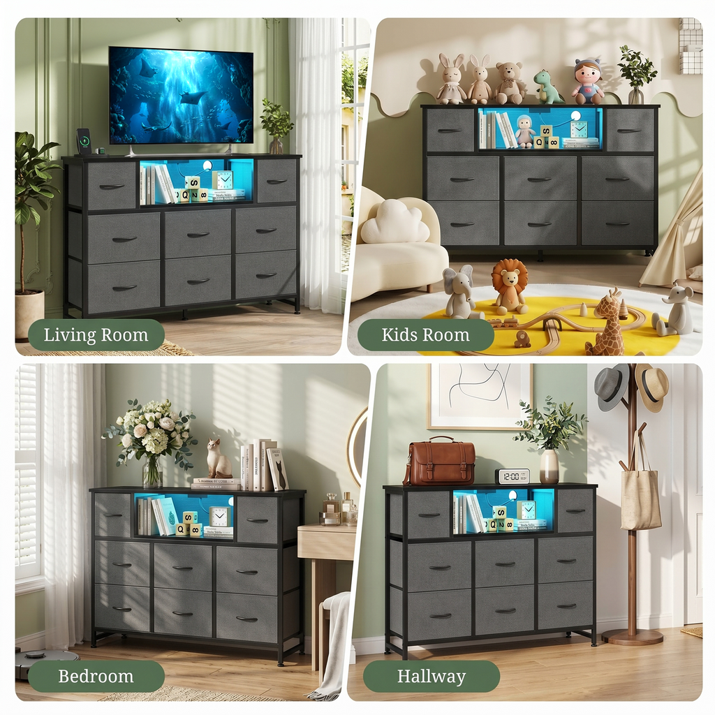 LIFERECORD Dresser TV Stand for 45-55 Inch, Chest of Drawers with LED Lights & USB Ports, Entertainment Center with Charging Station, Wood Top Media Console for Bedroom