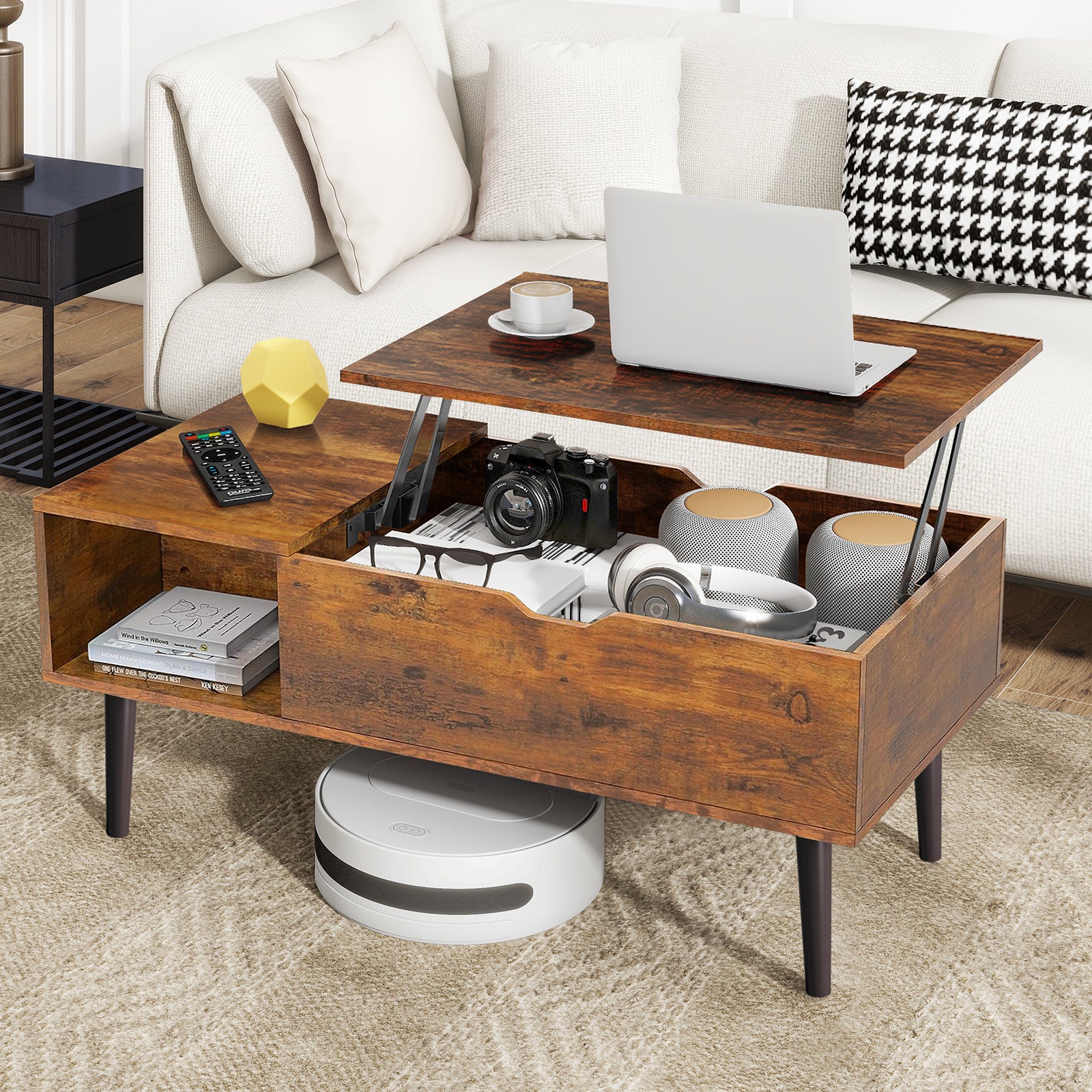 LIFERECORD Lift Top Coffee Table with Hidden Compartment, Wooden Center Tables with Storage Shelf for Living Room, Reception Room, Brown
