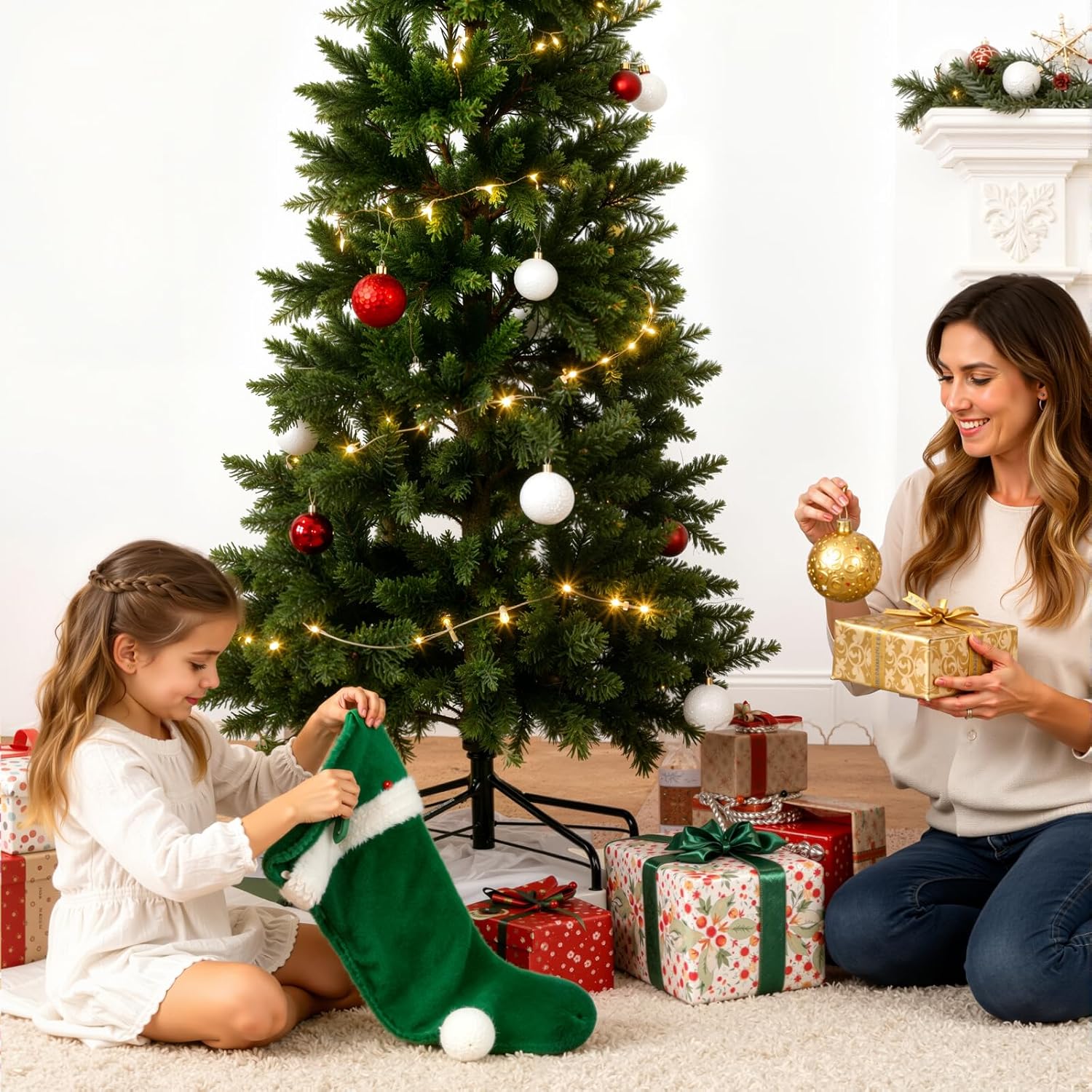 LIFERECORD 7.5ft Prelit Artificial Hinged Slim Pencil Christmas Tree with 350 Lights, 860 Full Branch Tips, 8 Warm Lingting Motes Perfect Decoration for Xmas Holiday, Green