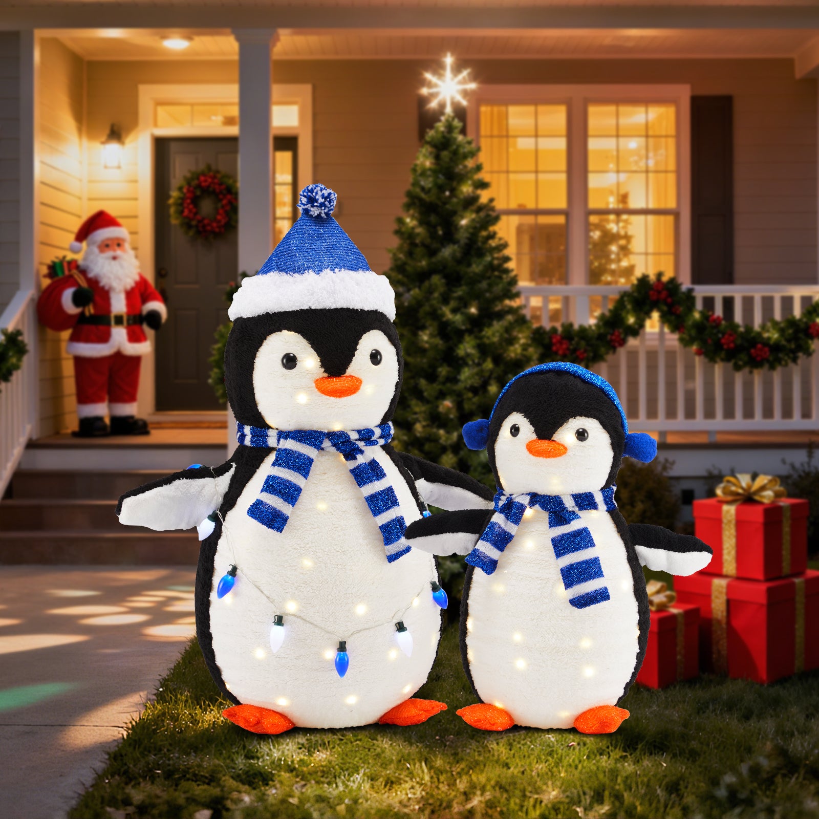 LIFERECORD 2PC Lighted Penguin Family, 3ft Pop-Up Outdoor Christmas Holiday Decoration w/ 150 LED Lights, Multicolored Lights - Blue