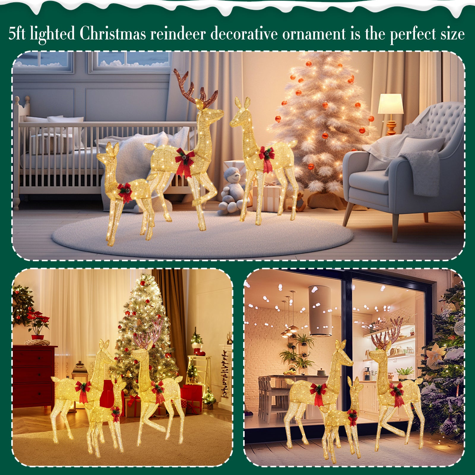 LIFERECORD 3-Piece 2D Lighted Christmas Deer Family Set - Large Outdoor Yard Reindeer Holiday Decoration with 360 LED Lights, Stakes, Zip Ties - Gold