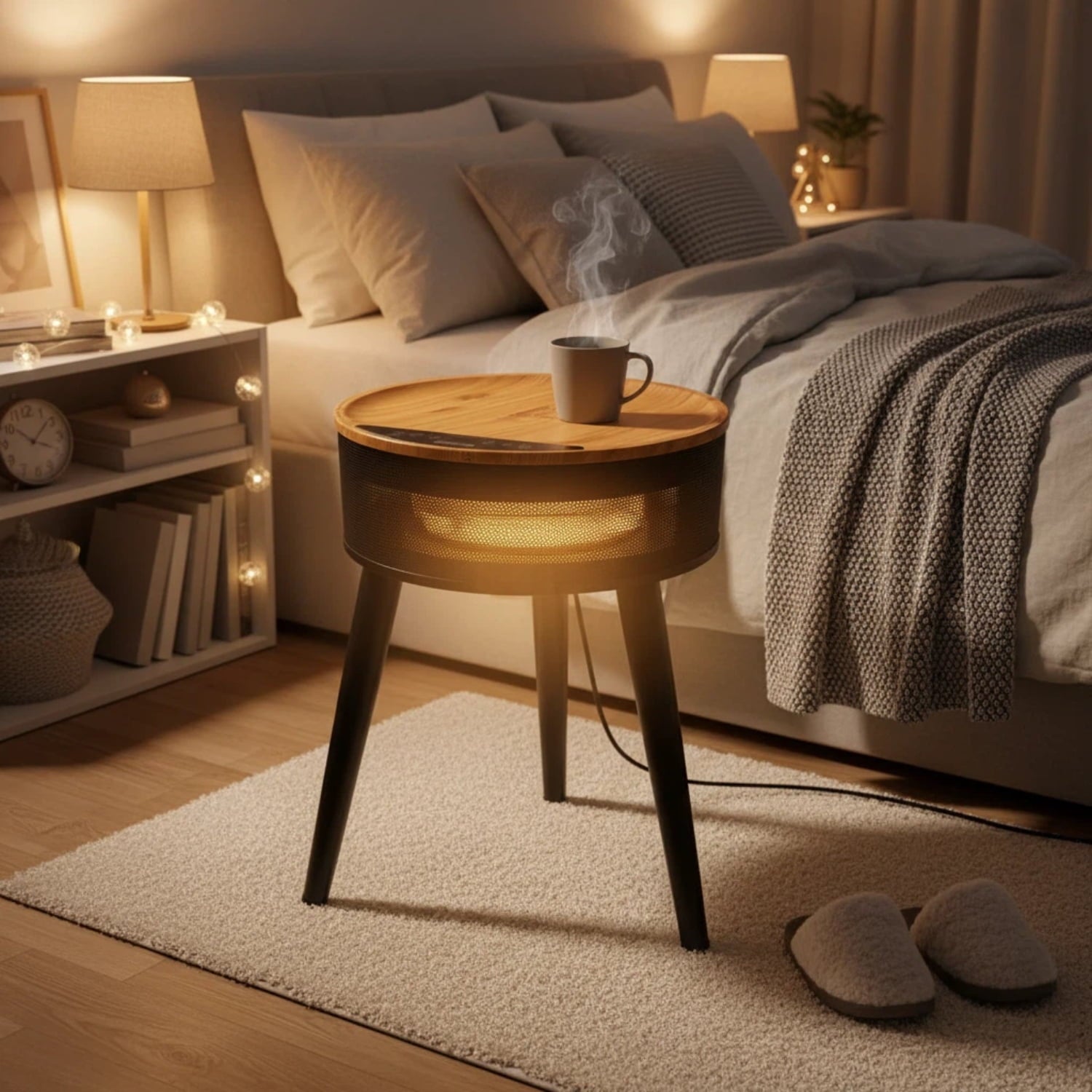 LIFERECORD Space Heater with Side Table, Ceramic 2-in-1 Indoor Heater with Remote, 1500W, Overheat & Tip-Over Protection, 1-12H Timer, LED Light for Home Office Bedroom Use, 23.6 Inch