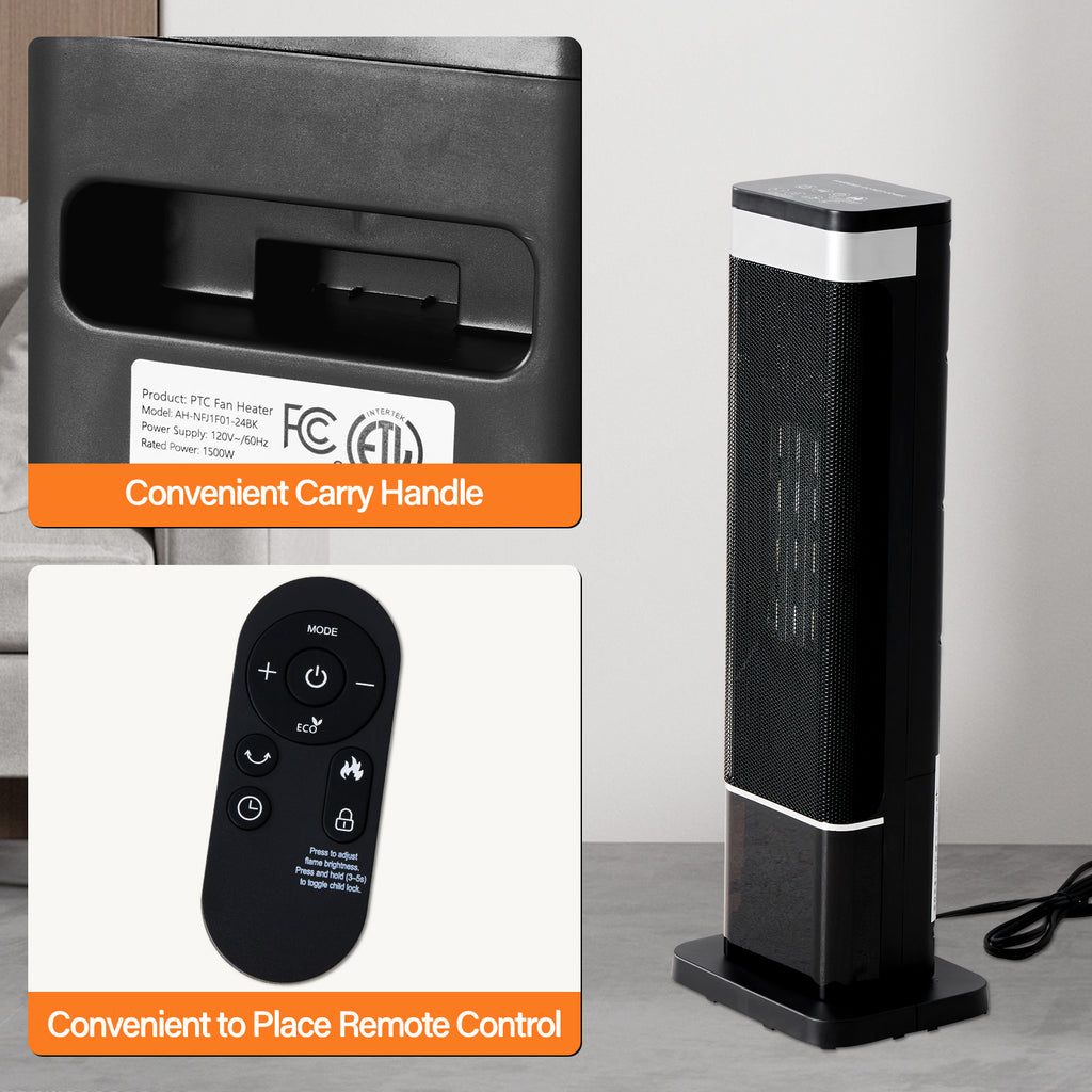 LIFERECORD Portable Space Heater for Indoor Use, 60°Oscillating Tower Heater with Thermostat, 12H Timer and Remote Control, 24 Inches, 1500W, Up to 99°F, Black