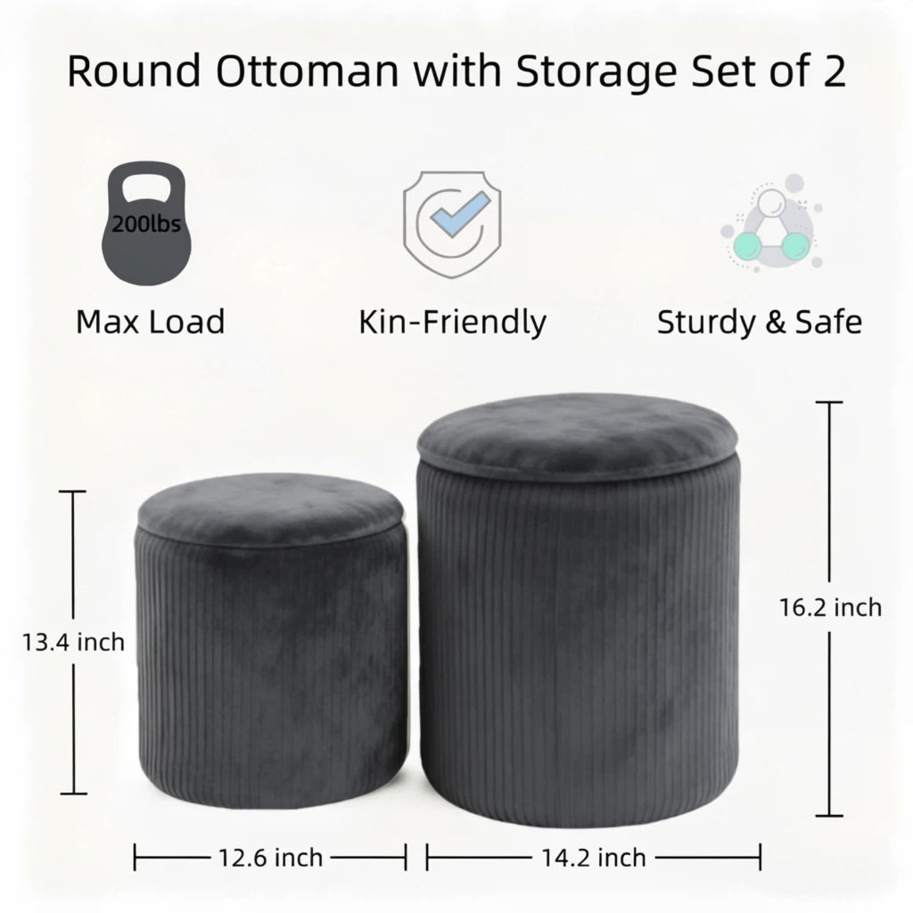 LIFERECORD Round Ottoman with Storage Set of 2, Vanity Stool with Storage for Bedroom, Ottoman Coffee Table,Small Velvet Foot Stool for Living Room, Grey