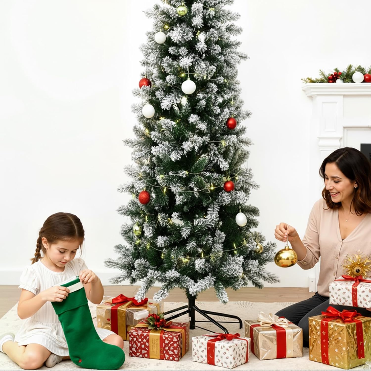 LIFERECORD 6ft Prelit Artificial Hinged Slim Pencil Christmas Tree with 250 Lights, 571 Full Branch Tips, 8 Warm Lingting Motes Perfect Decoration for Xmas Holiday, White