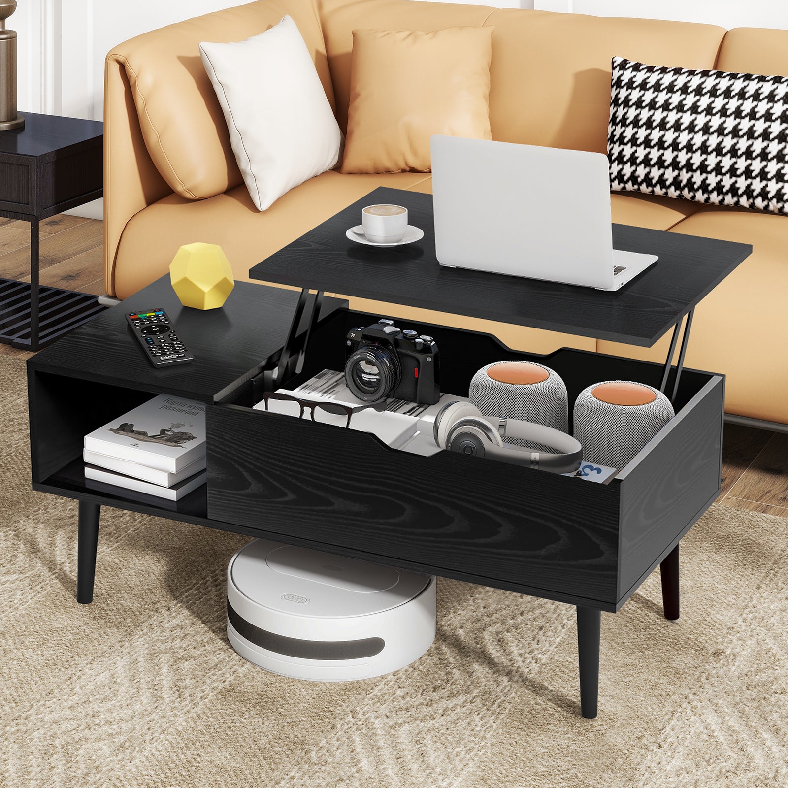 LIFERECORD Lift Top Coffee Table with Hidden Compartment, Wooden Center Tables with Storage Shelf for Living Room, Reception Room, Classic Black
