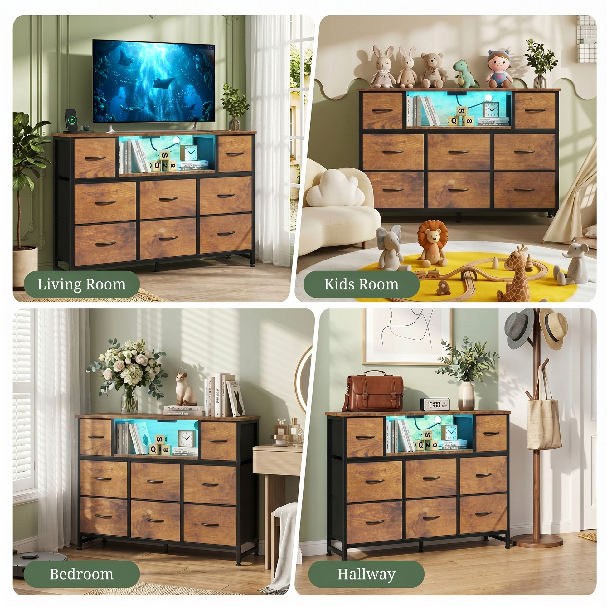 LIFERECORD Dresser TV Stand for 45-55 Inch, Chest of Drawers with LED Lights & USB Ports, Entertainment Center with Charging Station, Wood Top Media Console for Bedroom