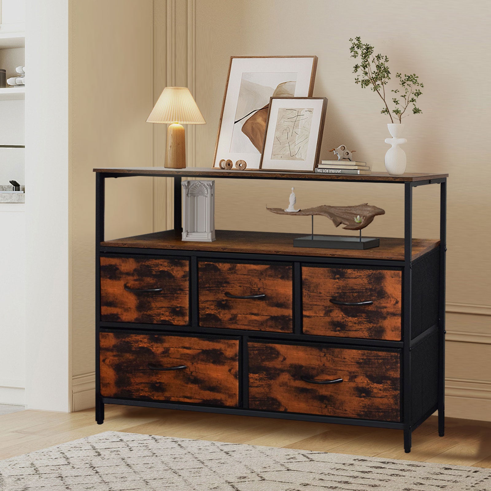 ACCVER 5-Drawer Dresser with Shelves, TV Stand with Fabric Drawers for Living Room, Closet and Chest for Bedroom & Apartment, Clothes Storage Organizer, Brown