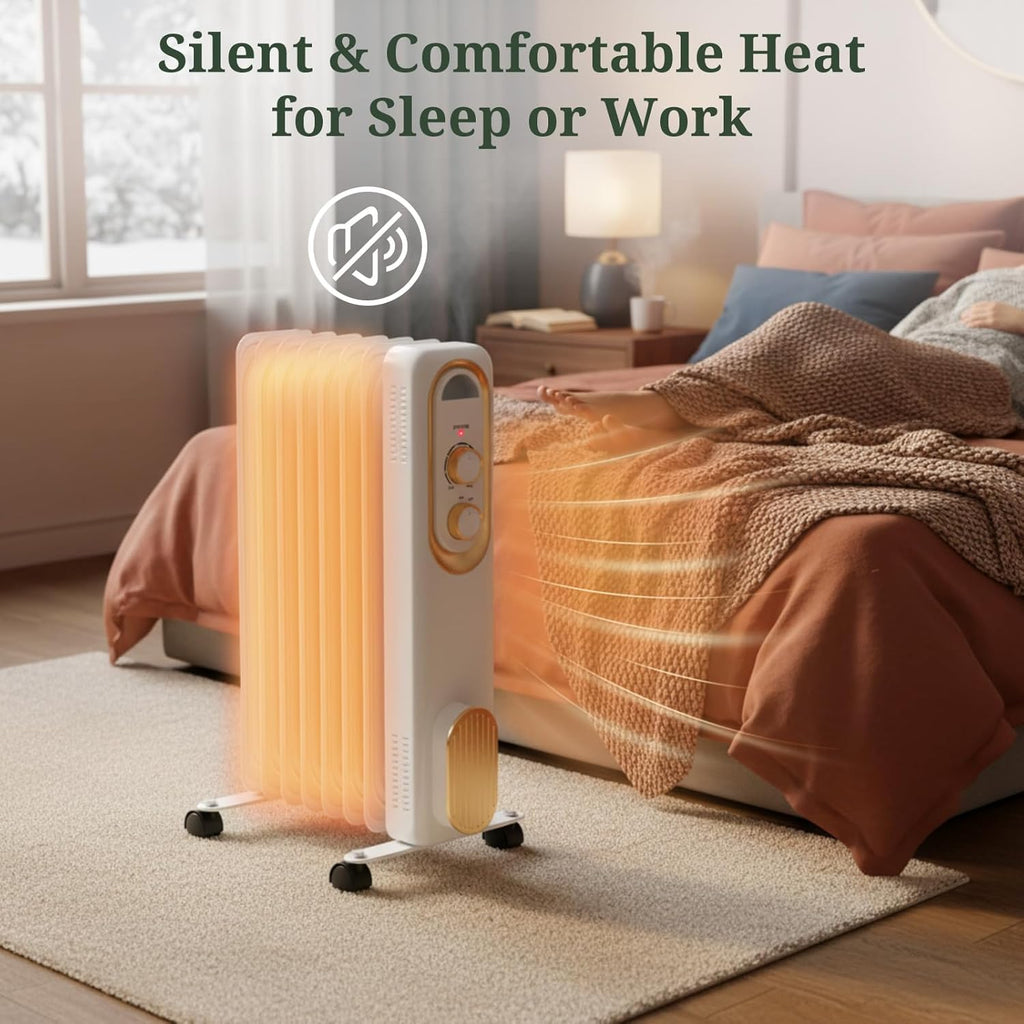 ROSVOVO 1500W Oil Filled Radiator Heater - 3 Heat Settings, Adjustable Thermostat, Ultra Quiet Portable Space Heater for Bedroom & Office, White