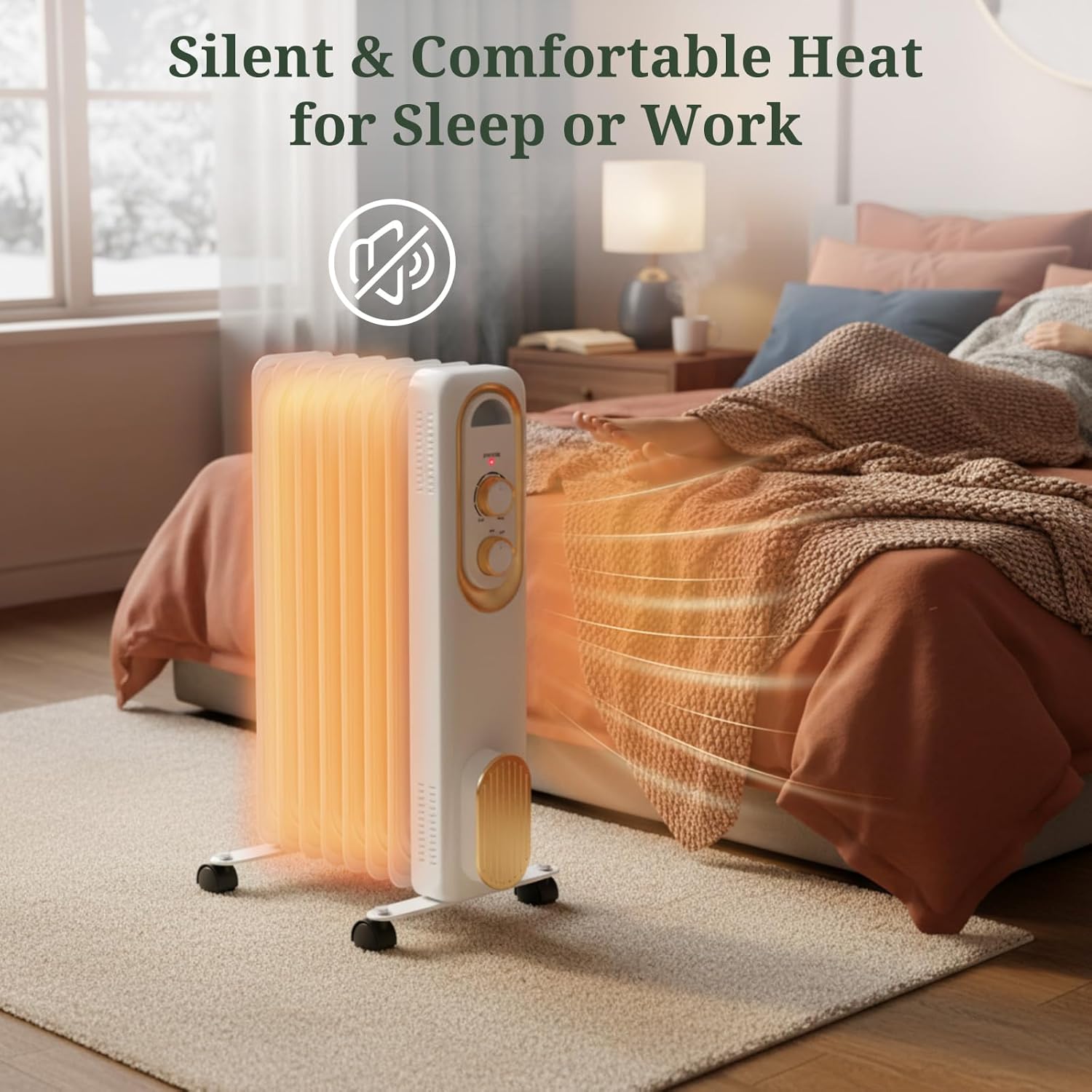 ROSVOVO 1500W Oil Filled Radiator Heater - 3 Heat Settings, Adjustable Thermostat, Ultra Quiet Portable Space Heater for Bedroom & Office, White
