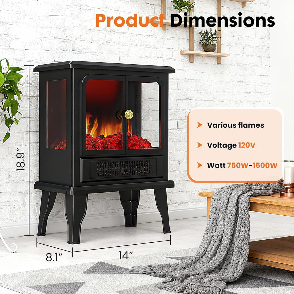 LIFERECORD 19" Freestanding Electric Fireplace Heater - Adjustable Realistic 3D Flame, 2 Heat Settings, Double Door, Overheat Protection, Easy Control for Bedroom & Living Room