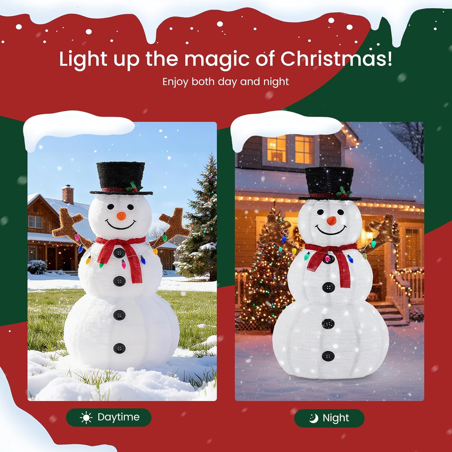 LIFERECORD 5ft Lighted Pop-Up Snowman, Large White Outdoor Christmas Holiday Decoration with 200 LED Lights, Hat, Scarf, Multicolored Lights,White/Red