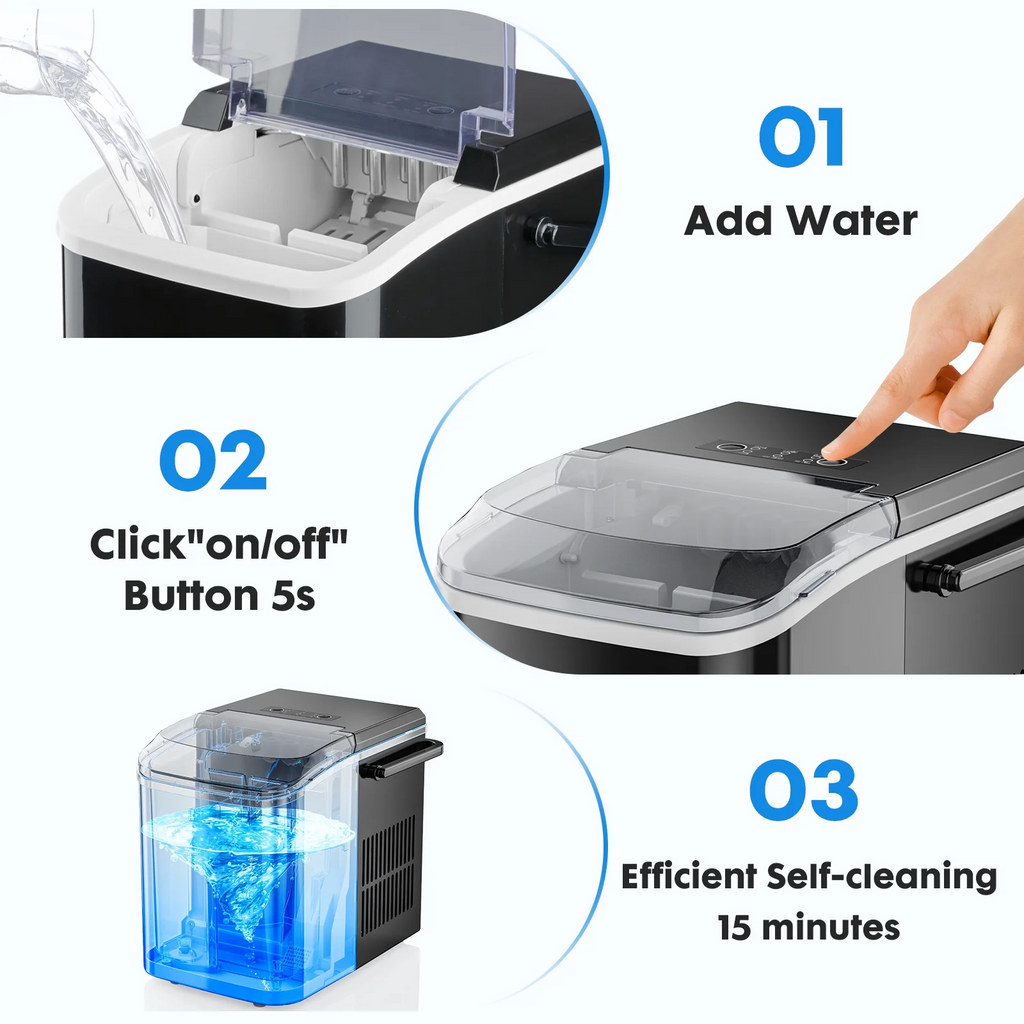 LIFERECORD Portable Ice Maker Countertop with Handle, 6 Mins for 9 Bullet Ice, 26lbs/24H, Self-Cleaning Compact Ice Machine for Home, Kitchen, Camping & Parties