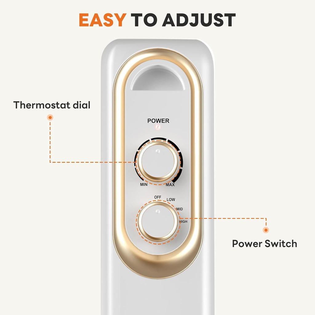 LIFERECORD Oil Filled Radiator, Electric Radiant Heaters for indoor use, Safe Lock, , Overheat & Tip-Over Protection, Adjustable Thermostat, Quiet, 1500W, 26" White