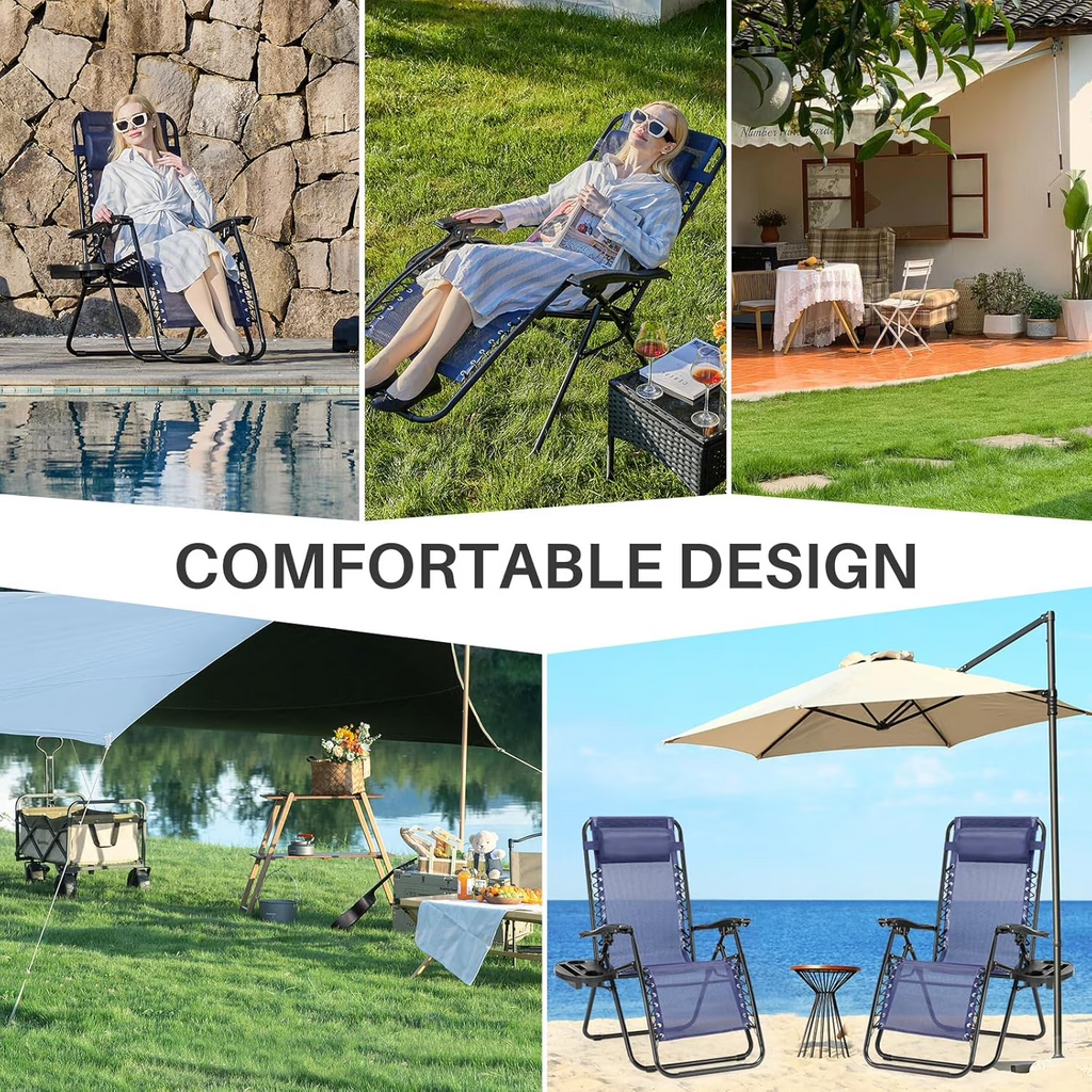 Set of 2 Zero Gravity Chairs with Cup Holder Trays, Portable Recliner Beach Camping Patio Outdoor Folding Lounge Chairs with Adjustable Pillow, Blue