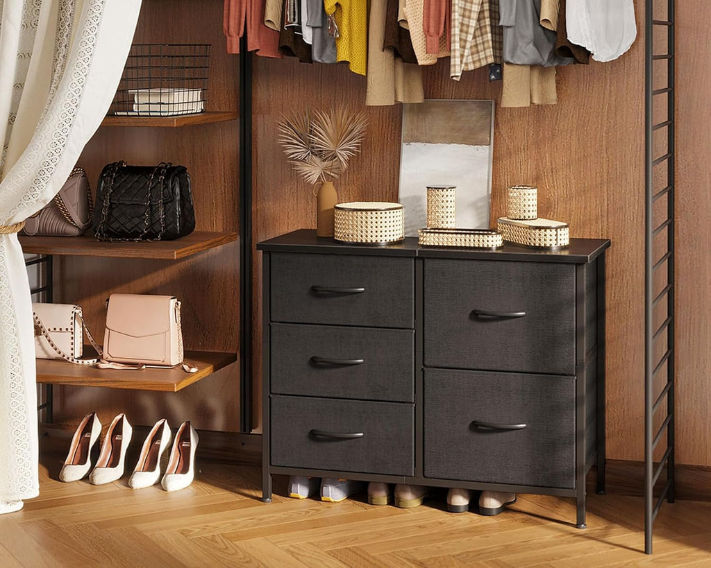 LIFERECORD 5 Drawer Fabric Dresser for Bedroom and Living Room, Chest of Drawer Organizer Storage Cabinet for Closet, Entryway, Black