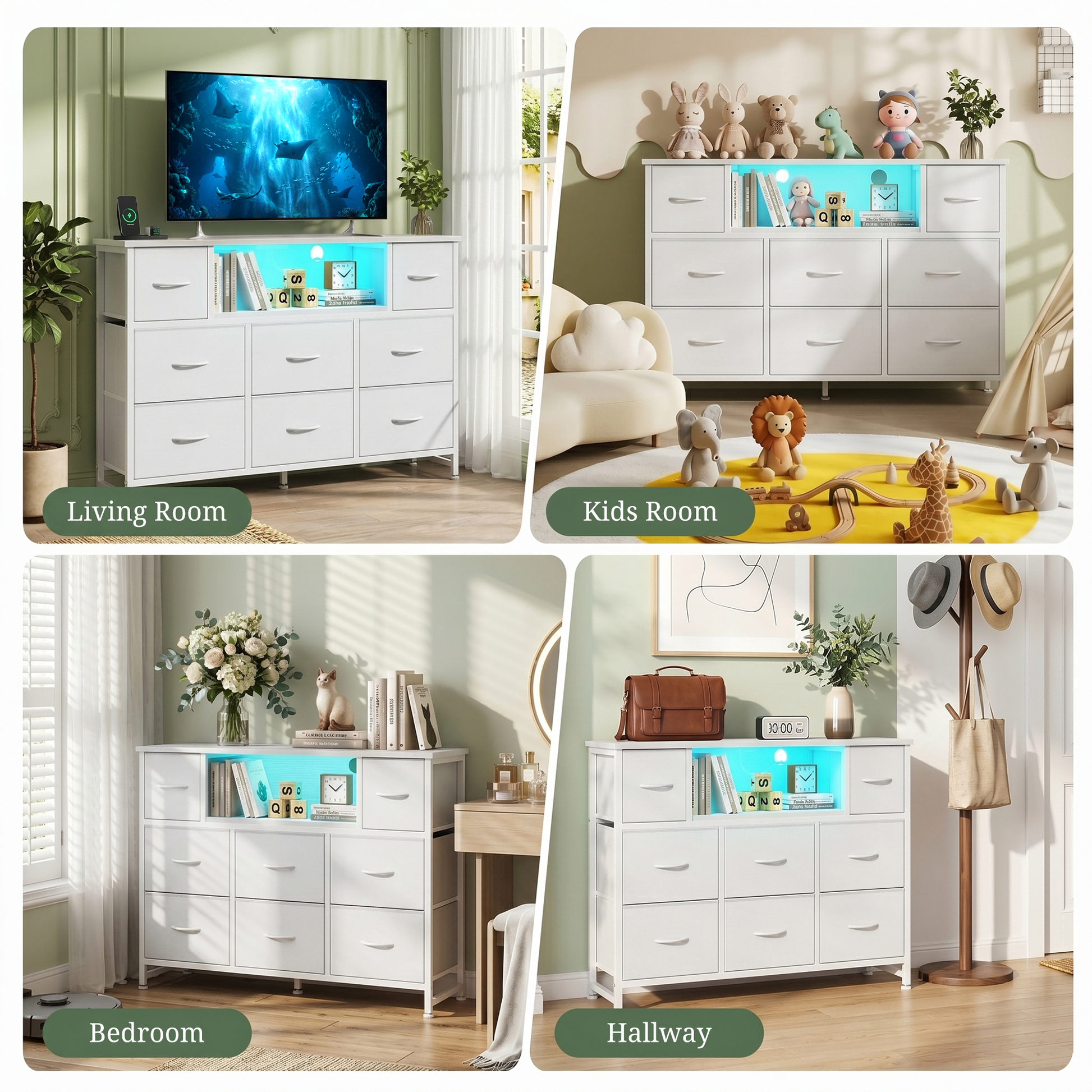 LIFERECORD Dresser TV Stand for 45-55 Inch, Chest of Drawers with LED Lights & USB Ports, Entertainment Center with Charging Station, Wood Top Media Console for Bedroom