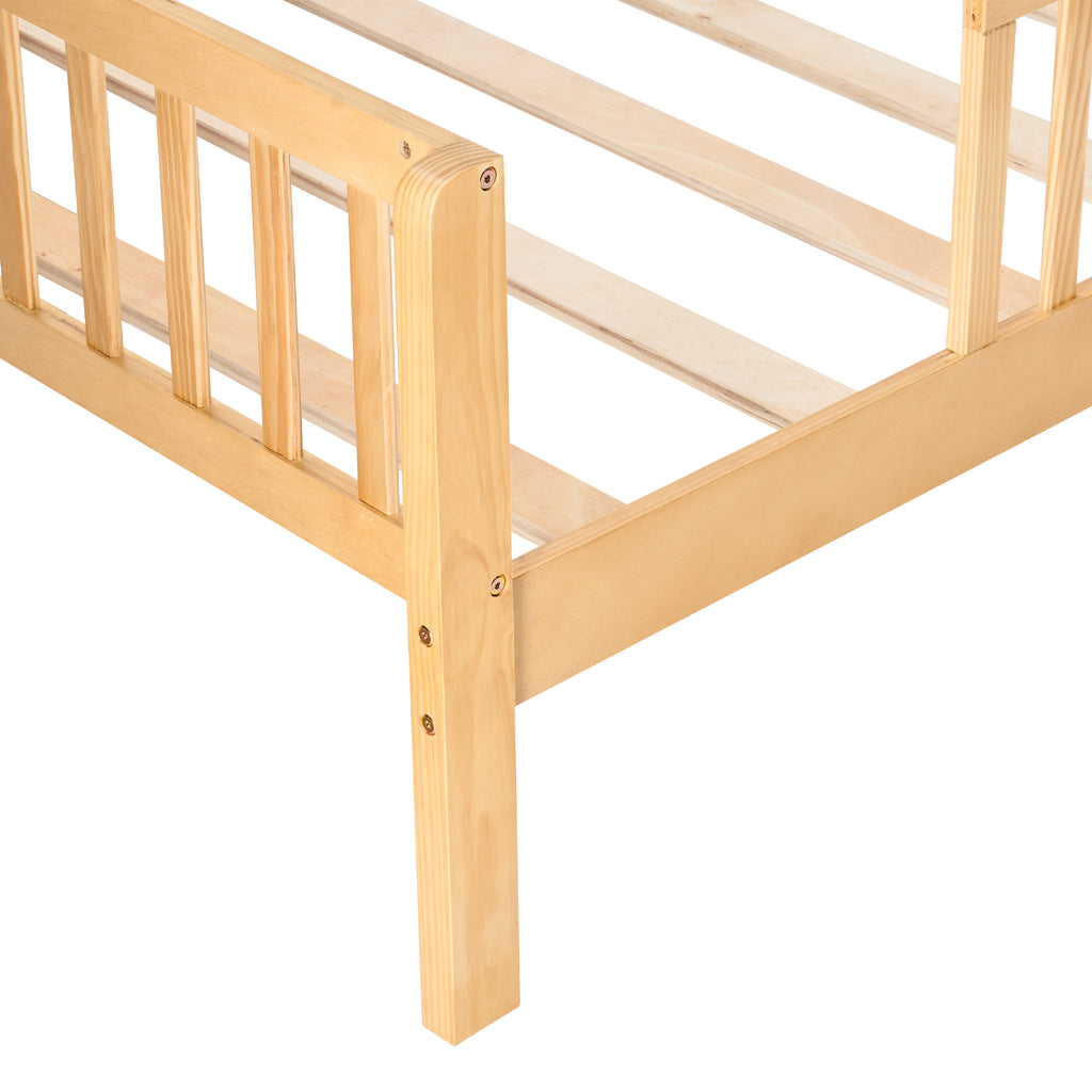 LIFERECORD Twin Size Bed Frame with Storage - Solid Wood House Frame, Safety Guardrails & Built-In Shelf for Bedroom Organization