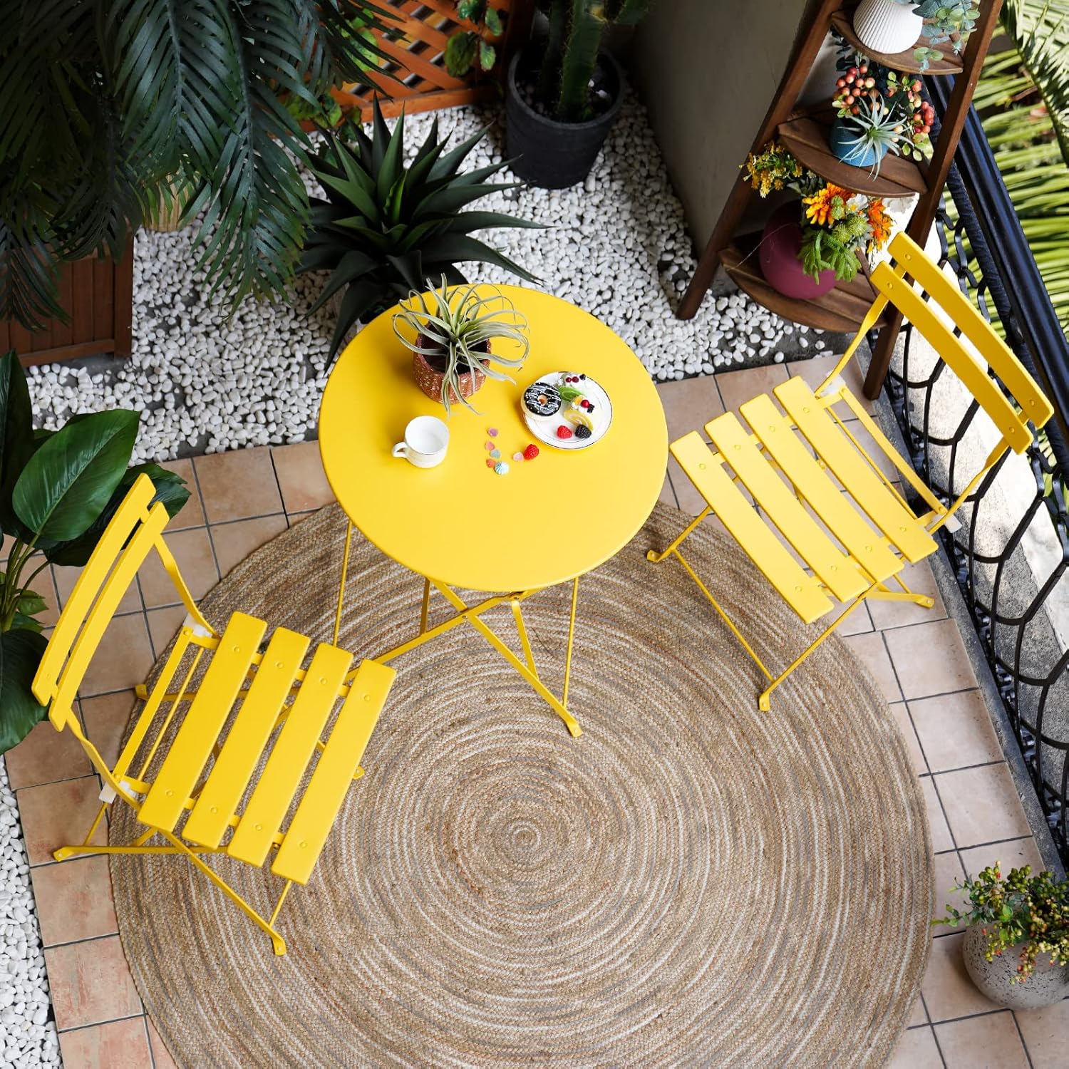 3-Piece Folding Bistro Set, 2 Chairs and 1 Table, Weather-Resistant Outdoor Indoor Conversation Set for Patio, Yard, Yellow