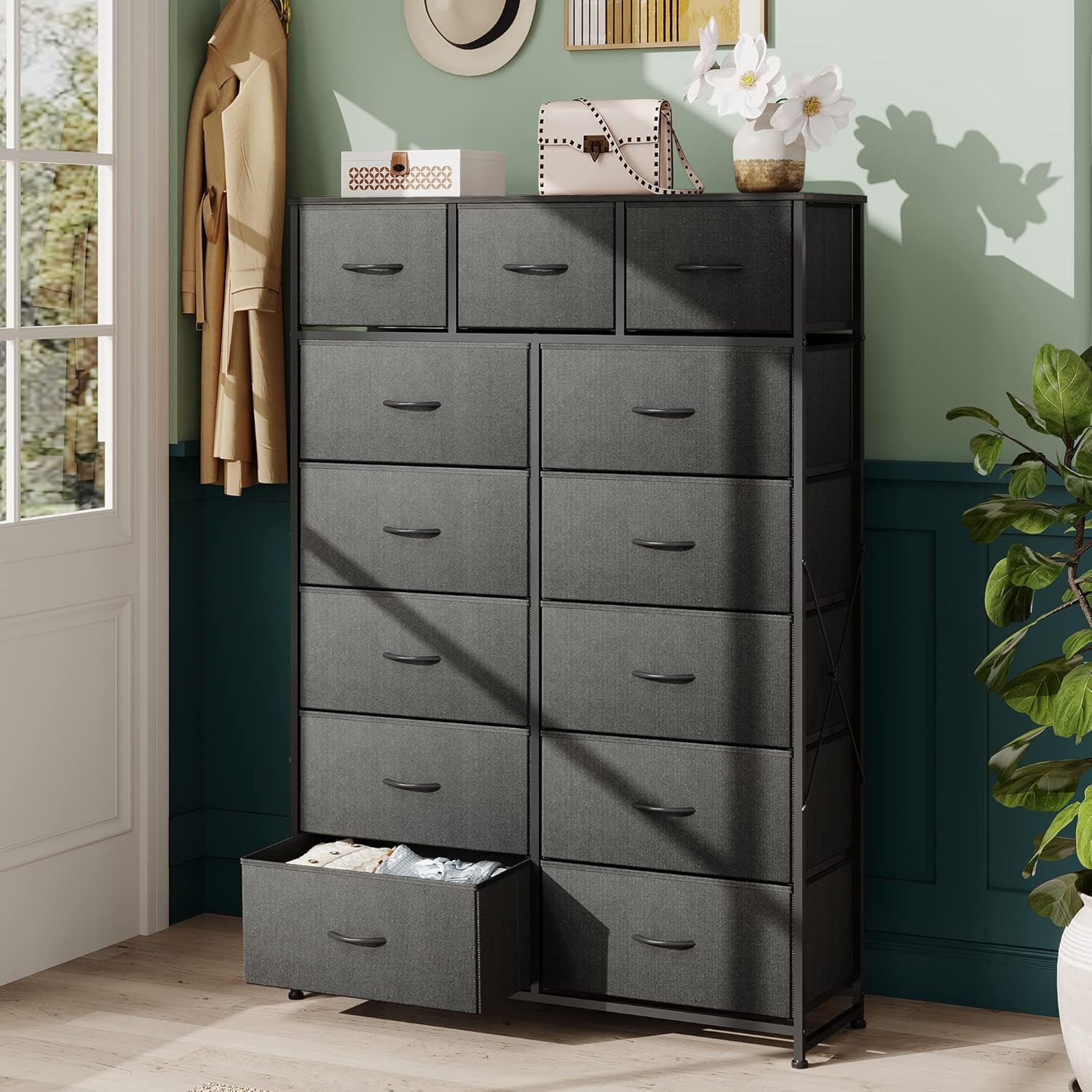 ACCVER 13-Drawer Fabric Dresser with Wood Top & Metal Frame, Closet and Chest for Bedroom, Clothes Storage Organizer, for Living Room, Apartment,Black