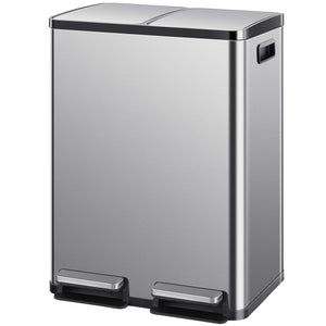 LIFERECORD 16 Gallon (30L x 2) Dual Compartment Step Trash Can, with Slow-Close Lids, Plastic Inner Buckets, Hands-Free, Easy to Clean, Stainless Steel for Kitchen, Bedroom, Living Room