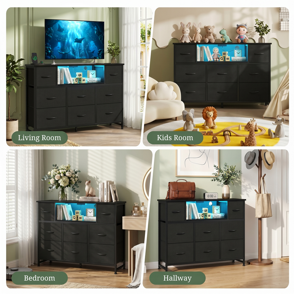 LIFERECORD Dresser TV Stand for 45-55 Inch, Chest of Drawers with LED Lights & USB Ports, Entertainment Center with Charging Station, Wood Top Media Console for Bedroom
