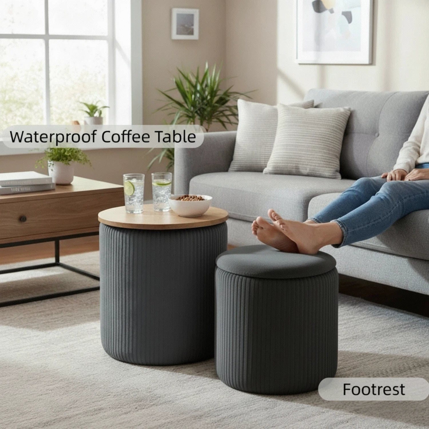 LIFERECORD Round Ottoman with Storage Set of 2, Vanity Stool with Storage for Bedroom, Ottoman Coffee Table,Small Velvet Foot Stool for Living Room, Grey