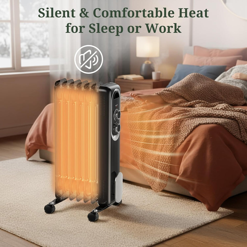 ROSVOVO 1500W Oil Filled Radiator Heater - 3 Heat Settings, Adjustable Thermostat, Ultra Quiet Portable Space Heater for Bedroom & Office, Black
