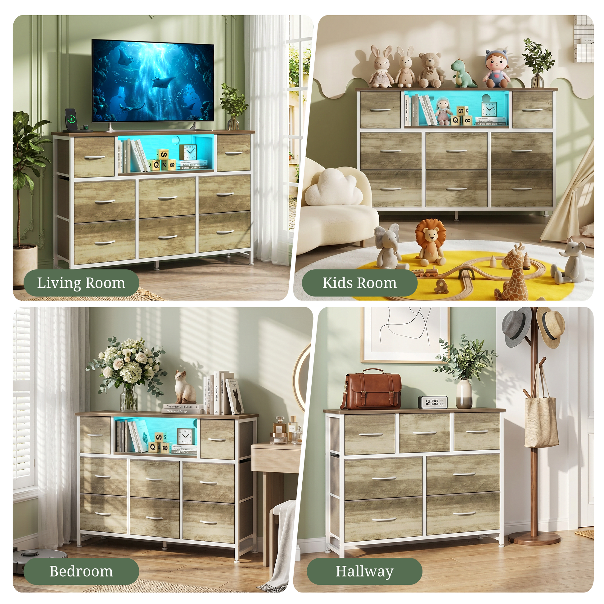 LIFERECORD Dresser TV Stand for 45-55 Inch, Chest of Drawers with LED Lights & USB Ports,, Entertainment Center with Charging Station, Wood Top Media Console for Bedroom