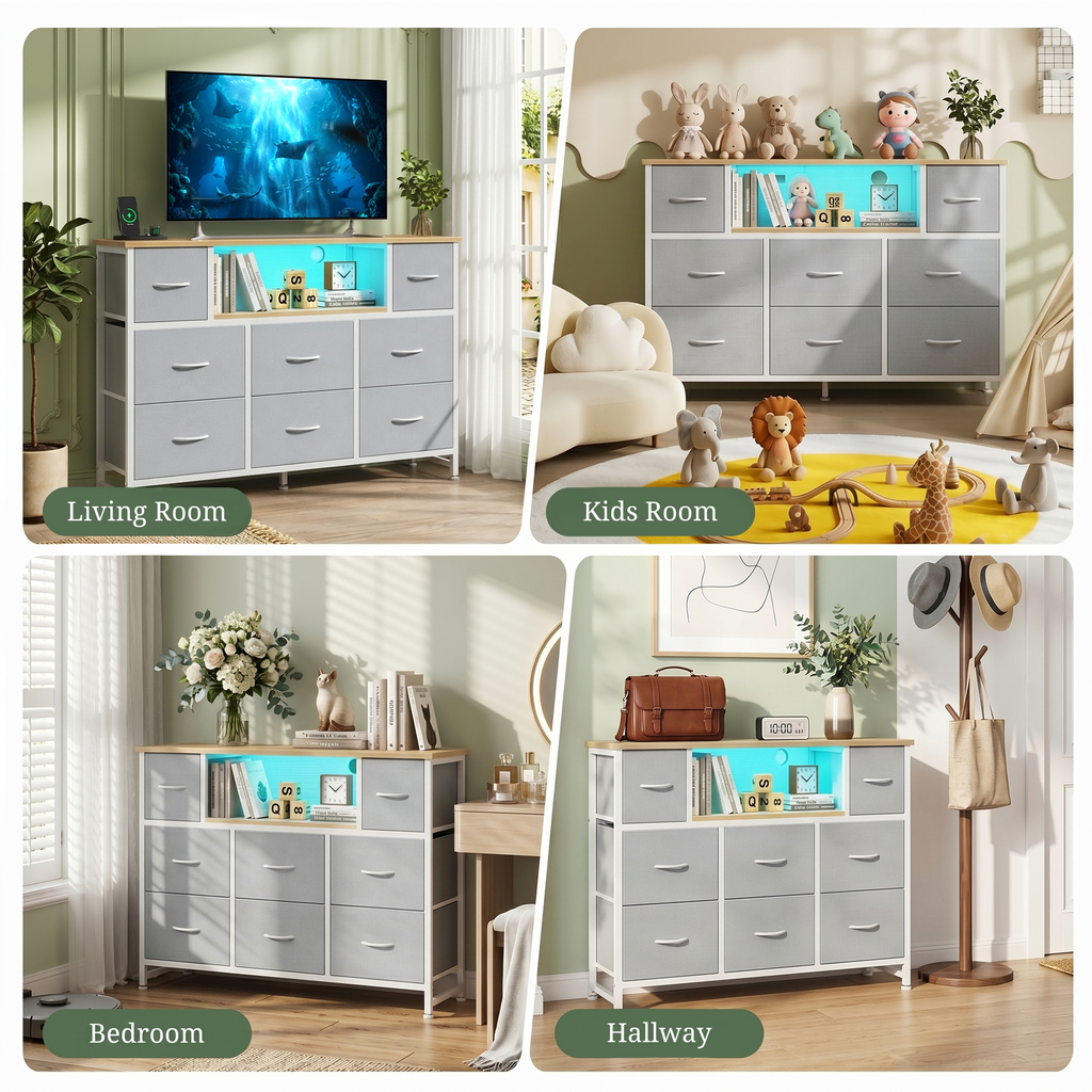 LIFERECORD Dresser TV Stand for 45-55 Inch, Chest of Drawers with LED Lights & USB Ports, Entertainment Center with Charging Station, Wood Top Media Console for Bedroom