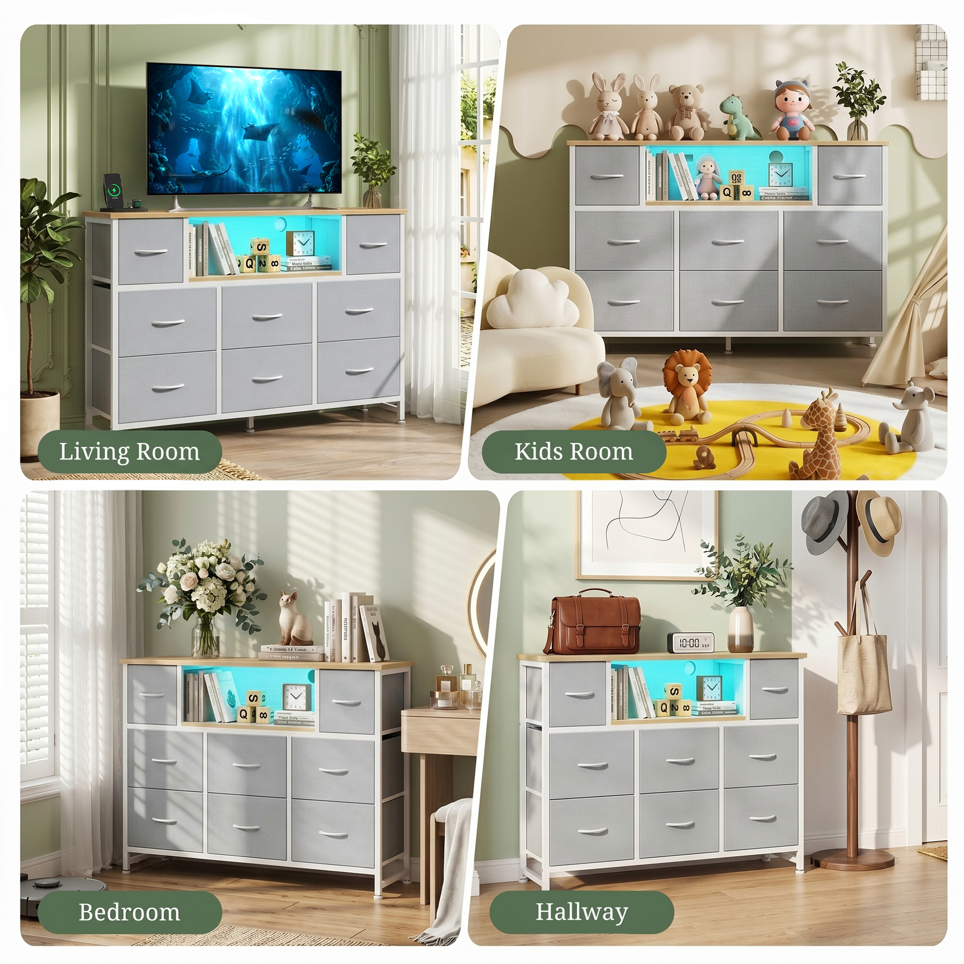 LIFERECORD Dresser TV Stand for 45-55 Inch, Chest of Drawers with LED Lights & USB Ports, Entertainment Center with Charging Station, Wood Top Media Console for Bedroom