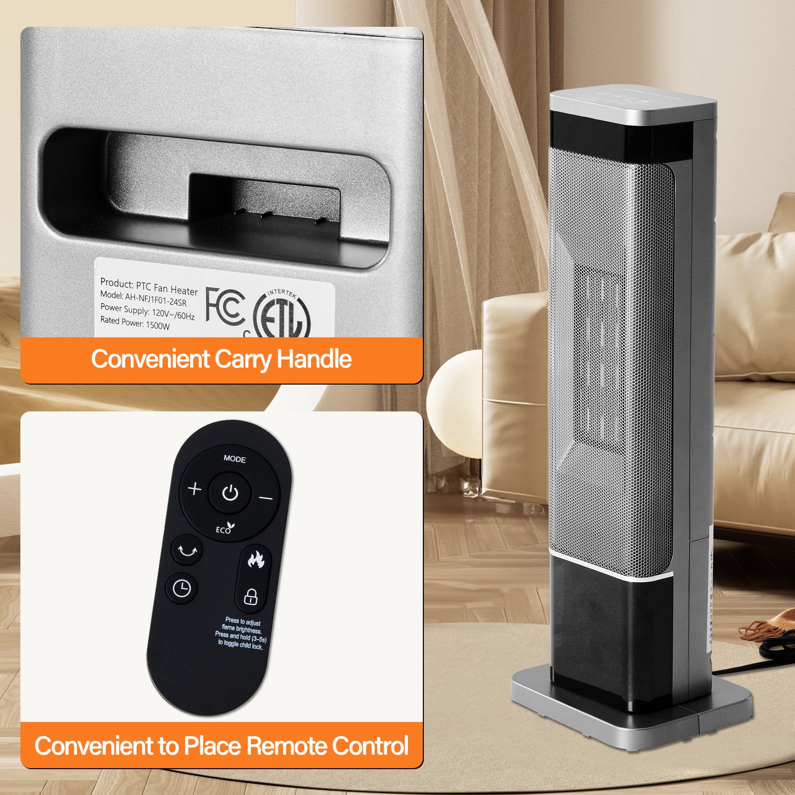 LIFERECORD Portable Space Heater for Indoor Use, 60°Oscillating Tower Heater with Thermostat, 12H Timer and Remote Control, 24 Inches, 1500W, Up to 99°F, Silver