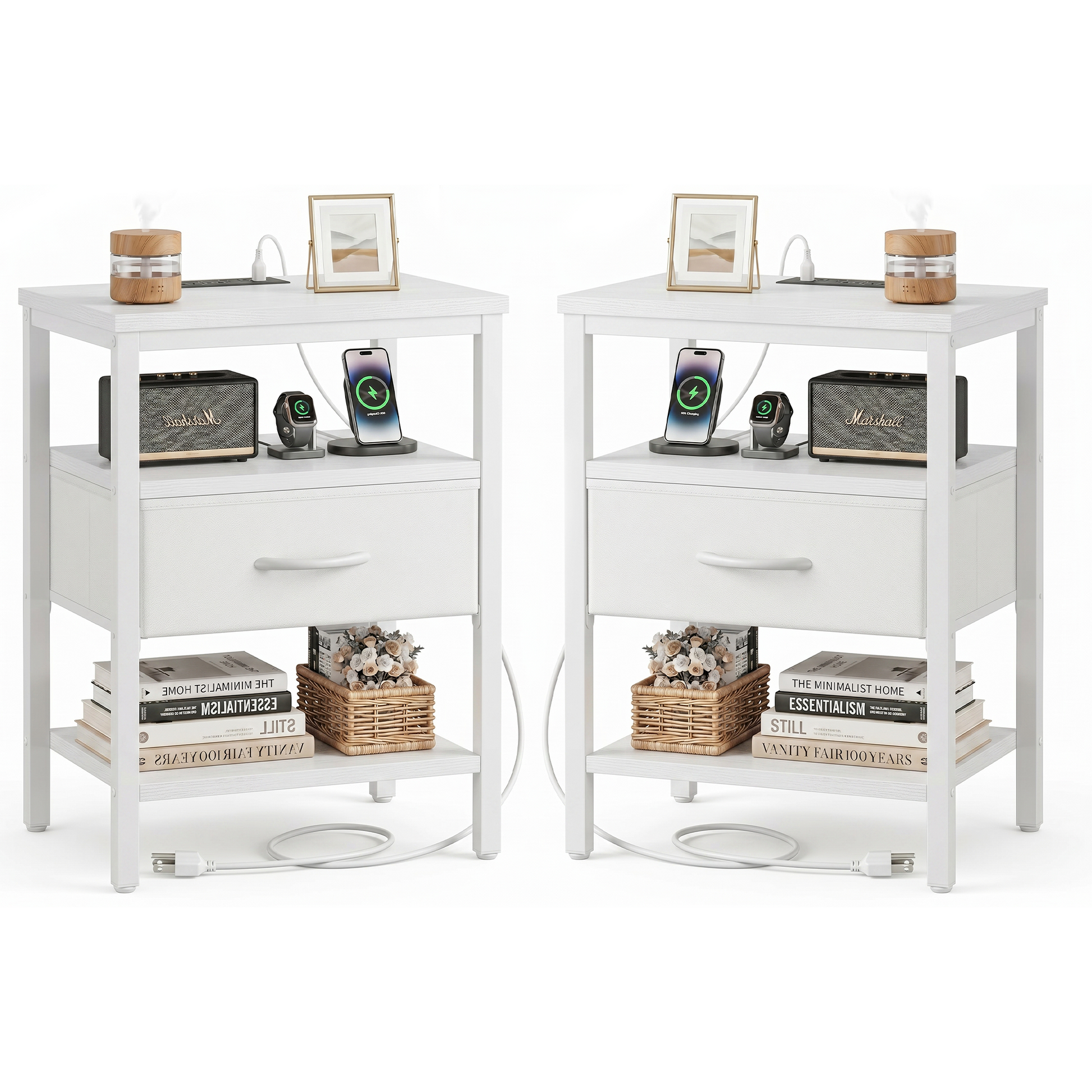 LIFERECORD Nightstand Set of 2 with Fabric Drawer, Nightstand with Charging Station, End Tables with Storage Shelf for Small Spaces, Bedside Table Side Tables for Bedroom, White