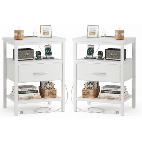 LIFERECORD Nightstand Set of 2 with Fabric Drawer, Nightstand with Charging Station, End Tables with Storage Shelf for Small Spaces, Bedside Table Side Tables for Bedroom, White