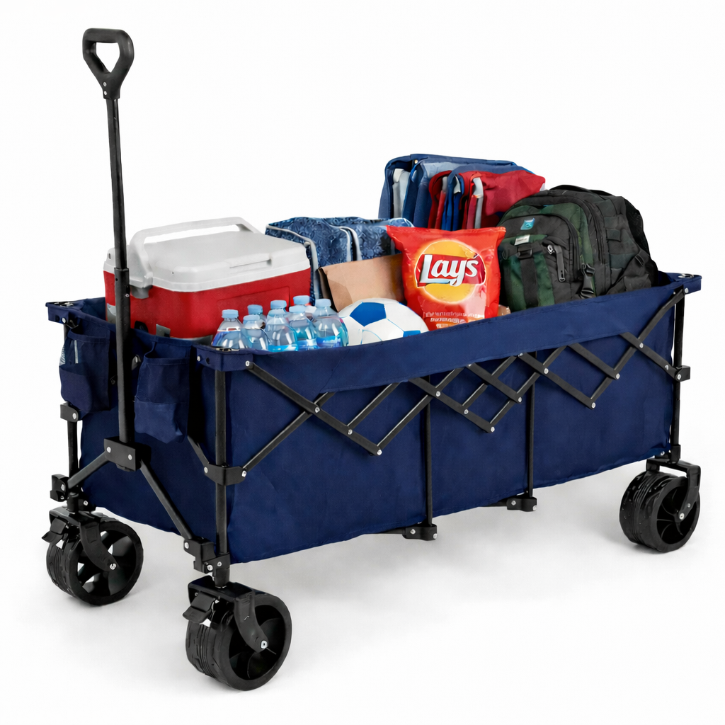 ACCVER Heavy Duty Collapsible Wagon Cart - 440LBS Capacity Folding Utility Cart w/ All-Terrain Wheels, Drink Holders for Camping, Beach, Grocery, Sports (Foldable & Portable), Extra Large Blue