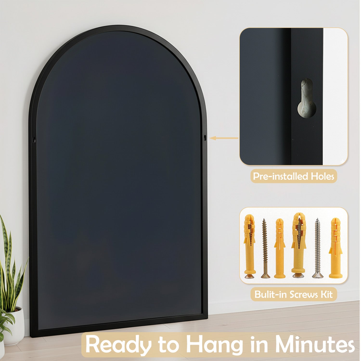 LIFERECORD 24" x 36" Metal Frame Arched Bathroom Mirror, Black