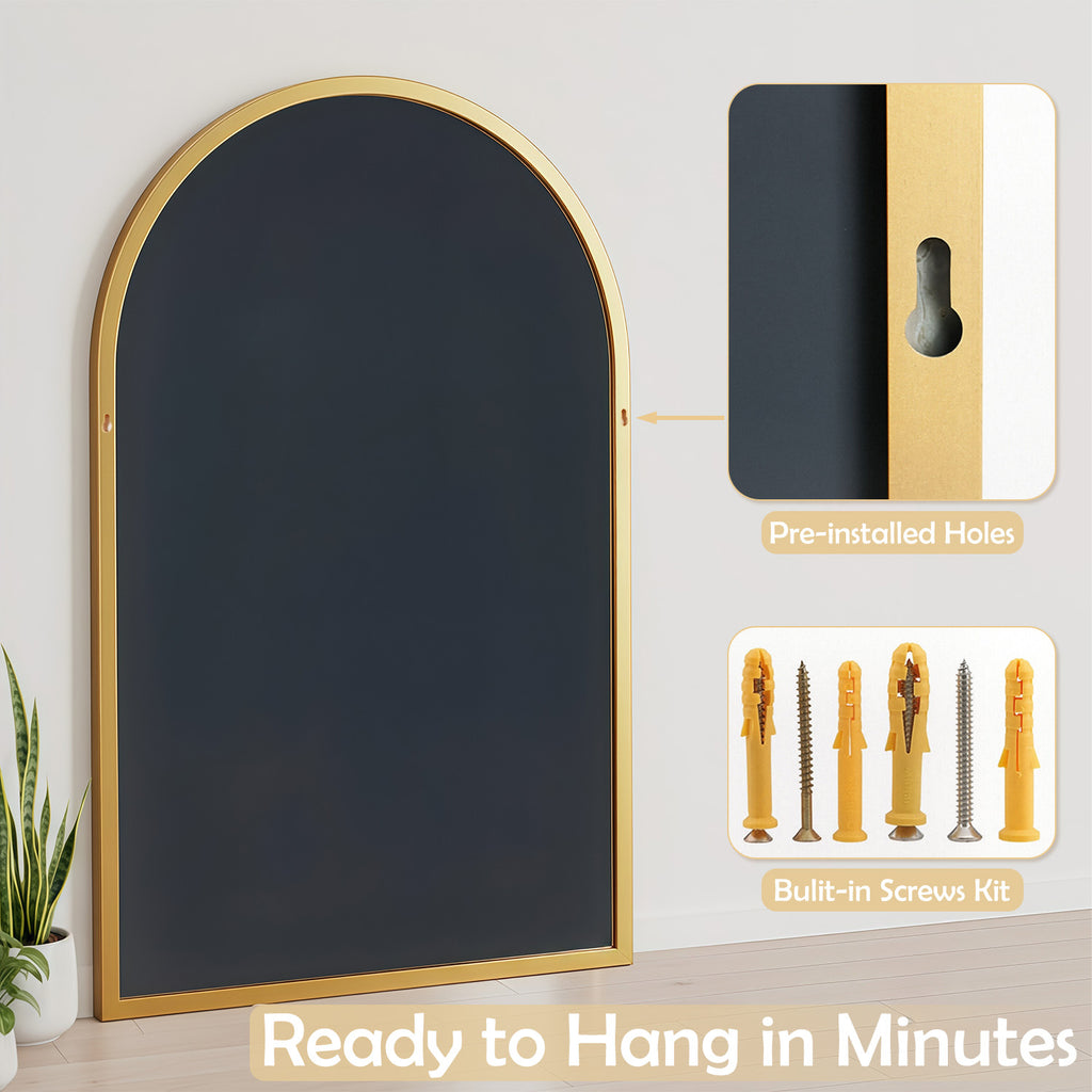 LIFERECORD 26" x 38" Metal Frame Arched Bathroom Mirror, Gold