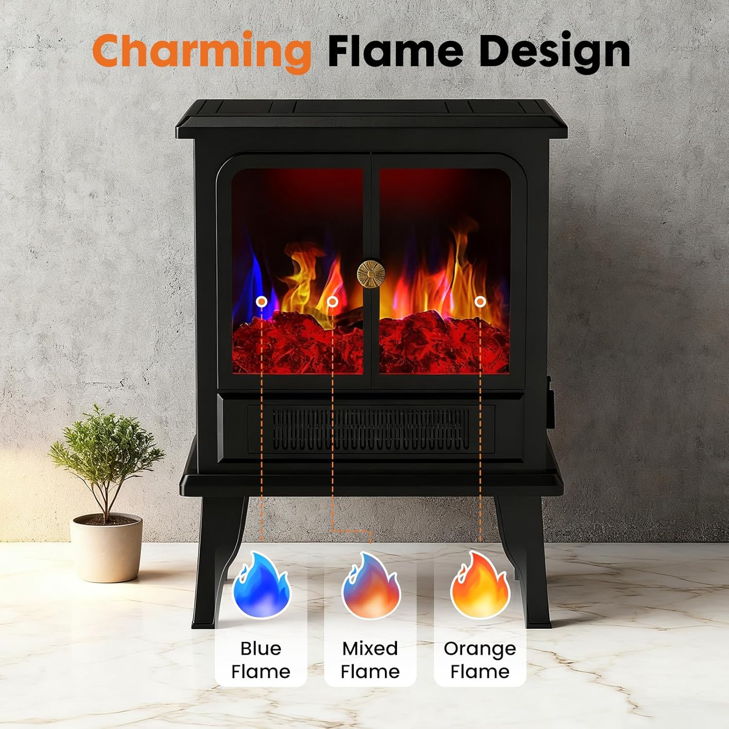 LIFERECORD 19" Freestanding Electric Fireplace Heater - Adjustable Realistic 3D Flame, 2 Heat Settings, Double Door, Overheat Protection, Easy Control for Bedroom & Living Room