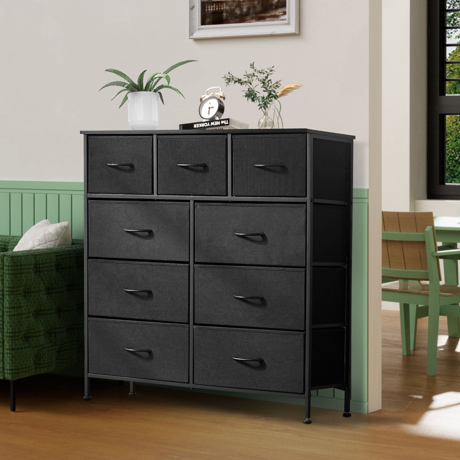 ACCVER 9-Drawer Fabric Dresser with Wood Top & Metal Frame, Closet and Chest for Bedroom, Clothes Storage Organizer, for Living Room, Apartment,Black