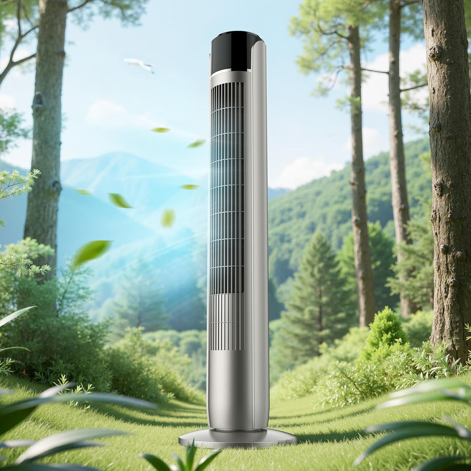 ACCVER 36" Bladeless Tower Fan - Ultra-Quiet 28dB for Bedroom Sleep 25 ft/s High Velocity Cooling w/ Remote 60° Wide Oscillation, 12H Timer, 5 Speeds, 4 Modes LED Display Standing Floor Fan - Grey