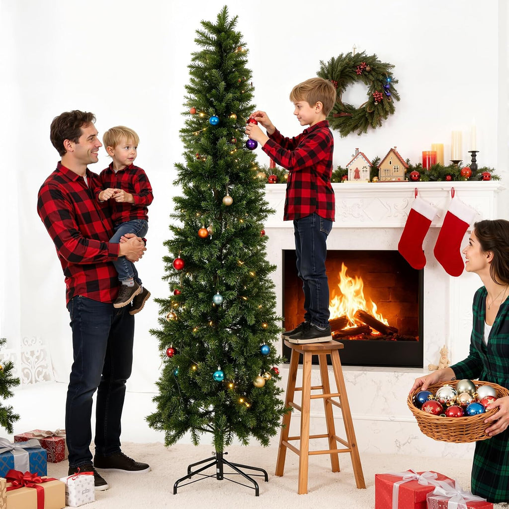 LIFERECORD 9ft Prelit Artificial Hinged Slim Pencil Christmas Tree with 500 Lights, 1100 Full Branch Tips, 8 Warm Lingting Motes Perfect Decoration for Xmas Holiday, Green