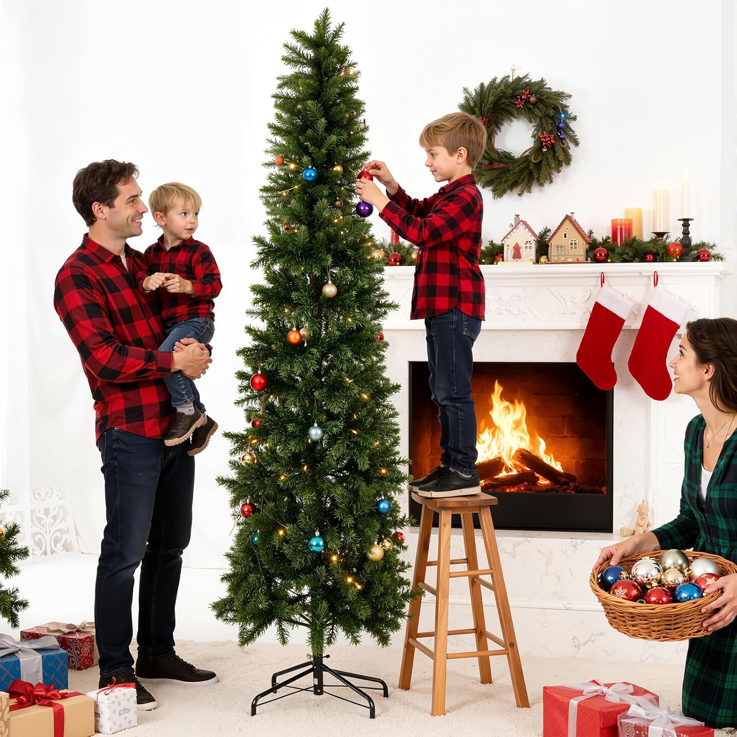 LIFERECORD 9ft Prelit Artificial Hinged Slim Pencil Christmas Tree with 500 Lights, 1100 Full Branch Tips, 8 Warm Lingting Motes Perfect Decoration for Xmas Holiday, Green