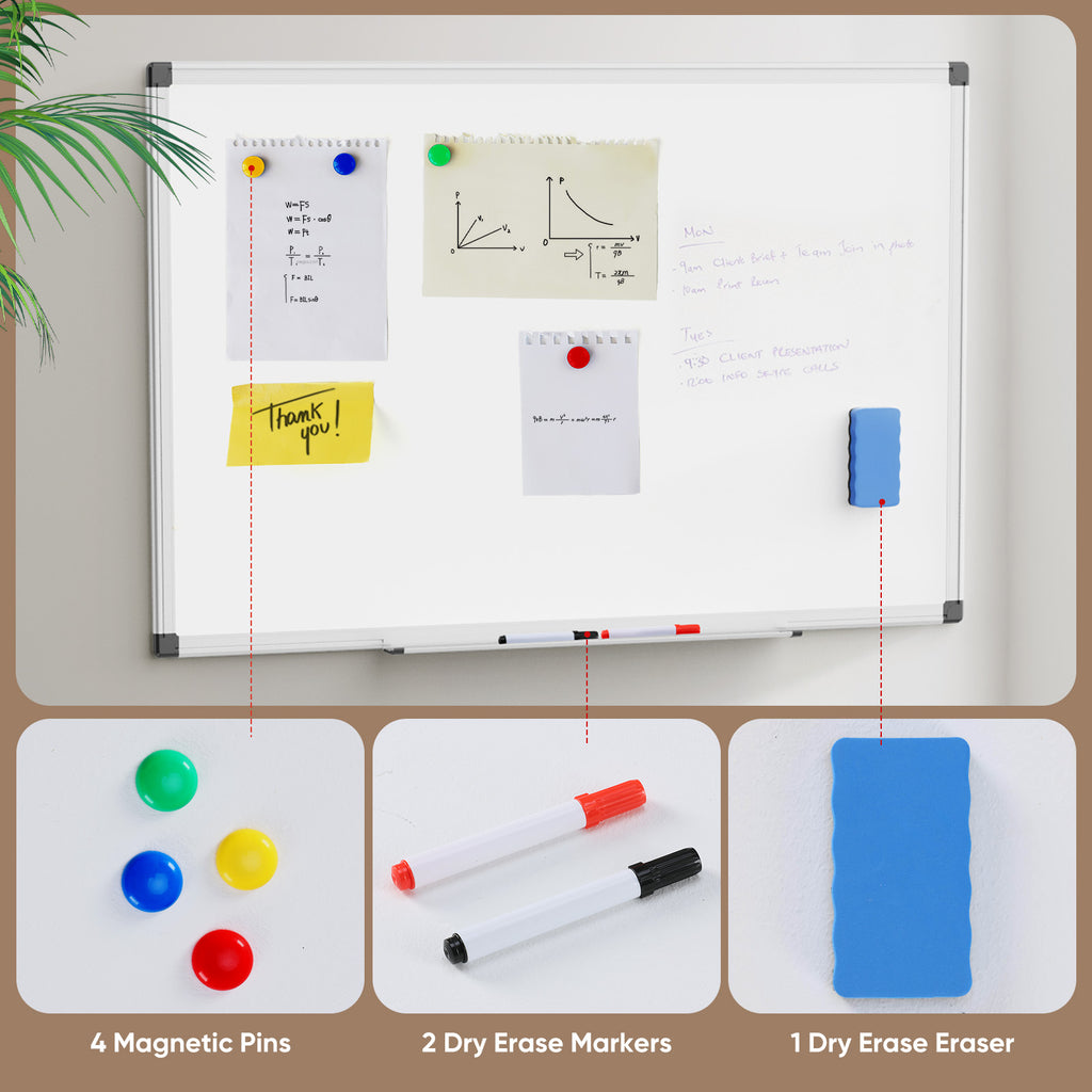 ROSVOVO 36x24 Inch Magnetic Dry Erase Board for Wall - Aluminum Frame Whiteboard Kit with Pen Tray, Markers & Magnets for Office, Home & Classroom