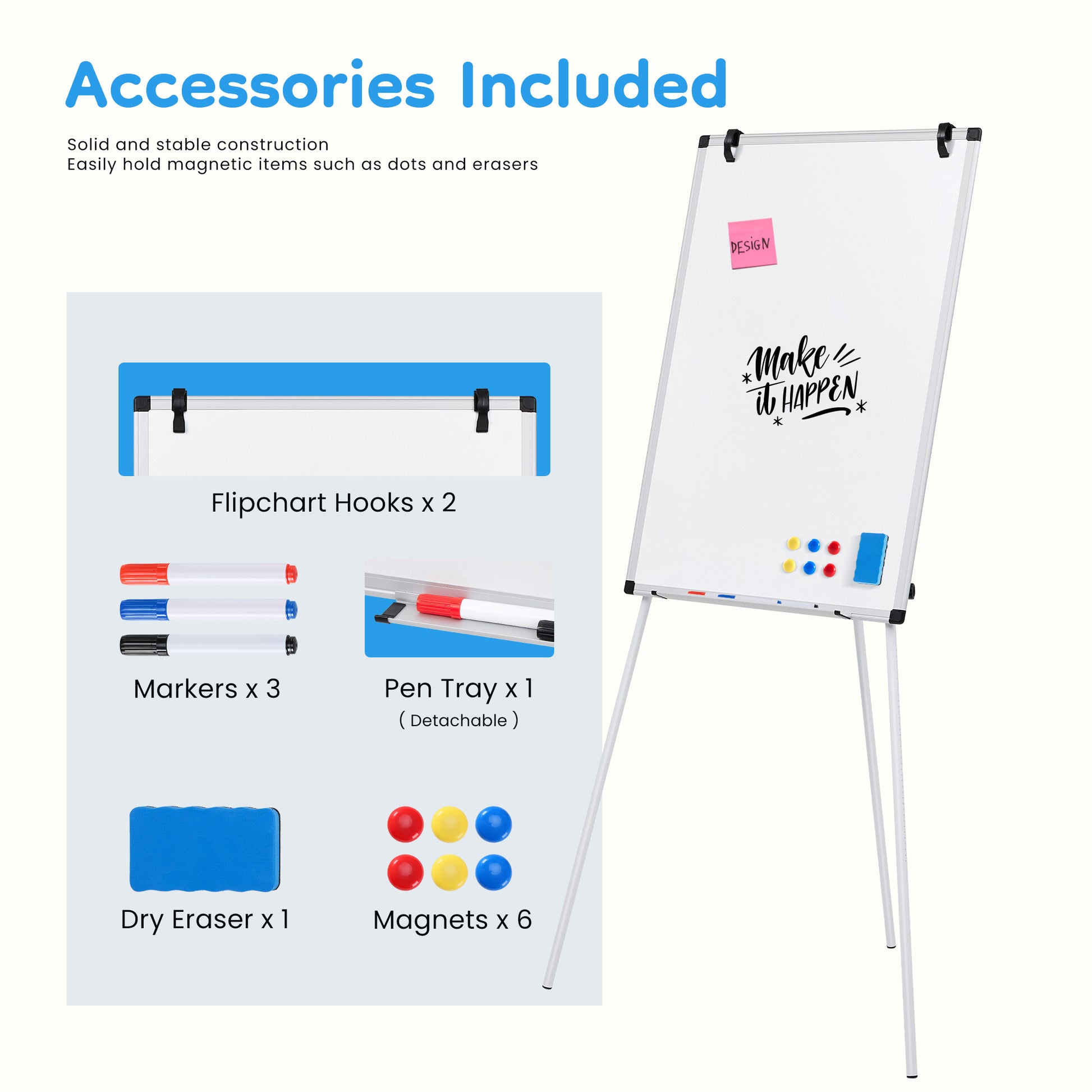 ROSVOVO 40x28 Inch Magnetic Whiteboard Easel with Tripod Stand - Height Adjustable Portable Dry Erase Board Kit for Classroom, Office & Home, White