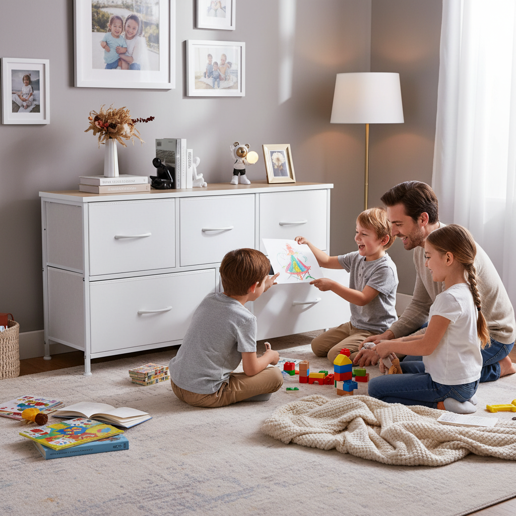 ACCVER 5-Drawer Fabric Dresser for Bedroom, Wood Top TV Stand, Closet and Chest, Clothes Storage Organizer, for Living Room, Apartment, White