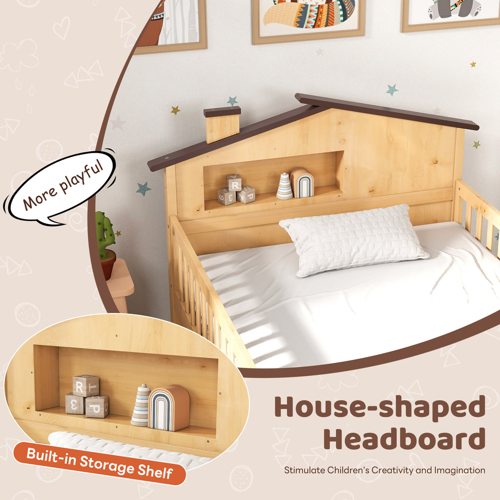 LIFERECORD Twin Size Bed Frame with Storage - Solid Wood House Frame, Safety Guardrails & Built-In Shelf for Bedroom Organization