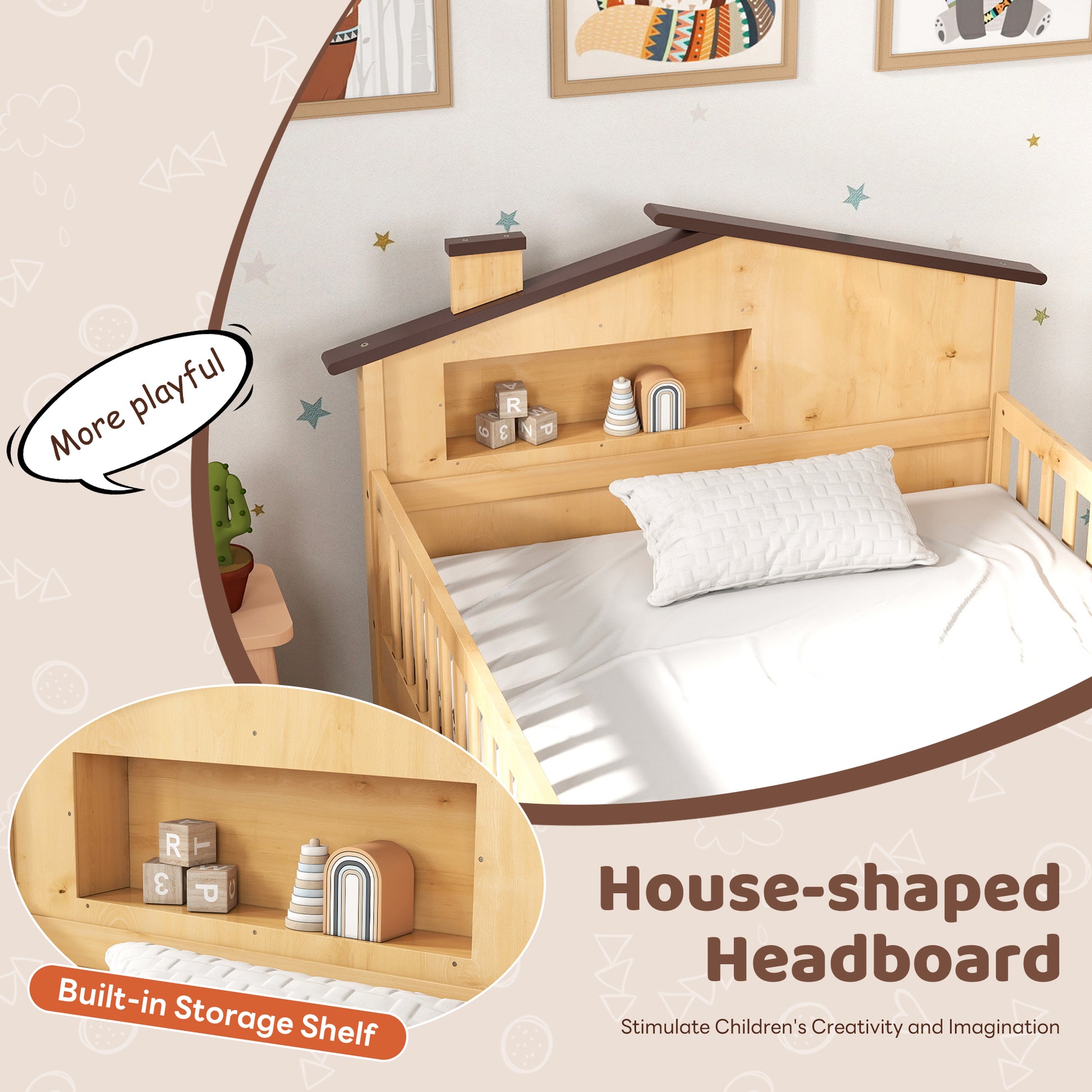 LIFERECORD Twin Size Bed Frame with Storage - Solid Wood House Frame, Safety Guardrails & Built-In Shelf for Bedroom Organization