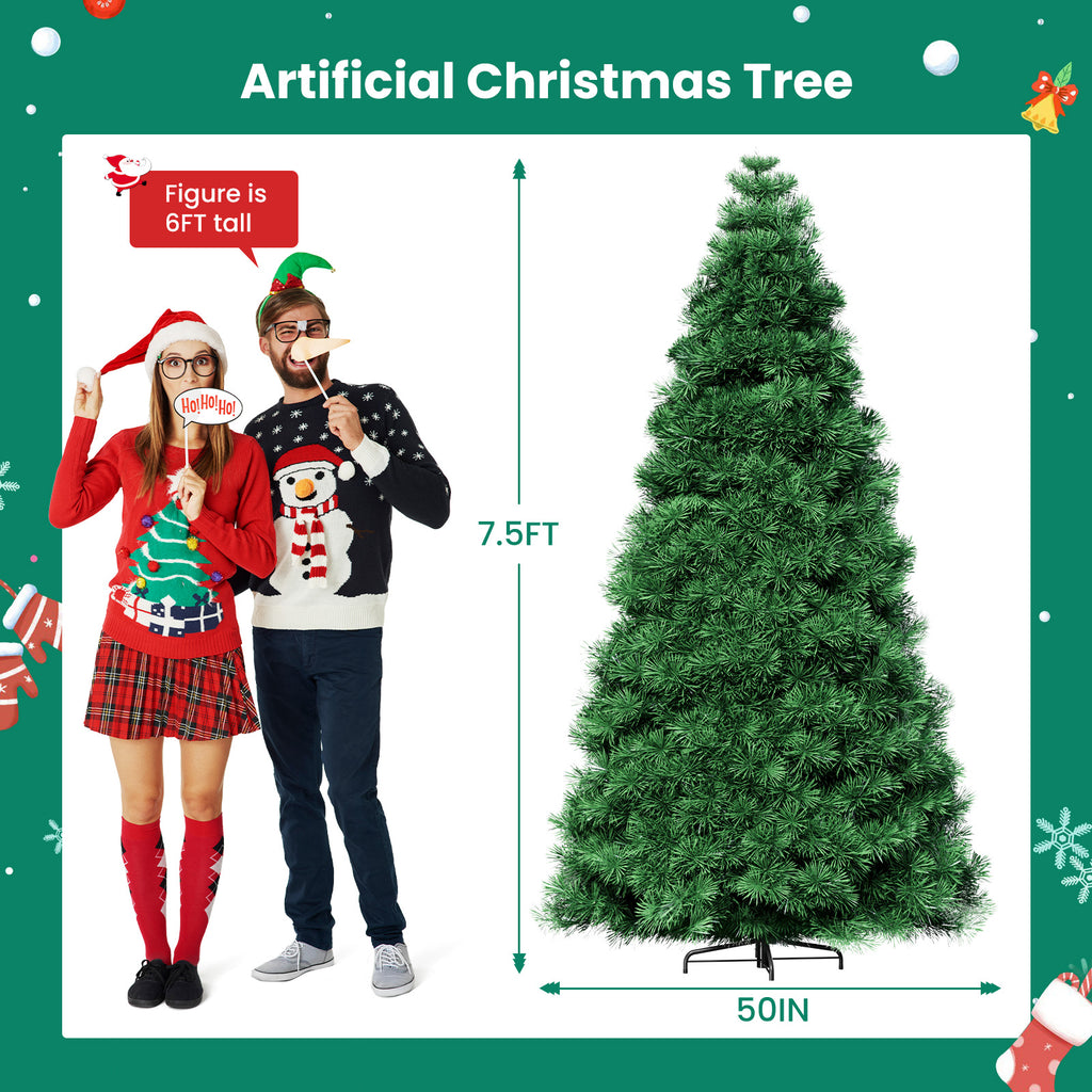 ACCVER 7.5ft Pre-lit Artificial Spruce Christmas Tree - 347 Dense PVC Branch Tips, 120 Warm Incandescent Lights with 8 Modes, Green